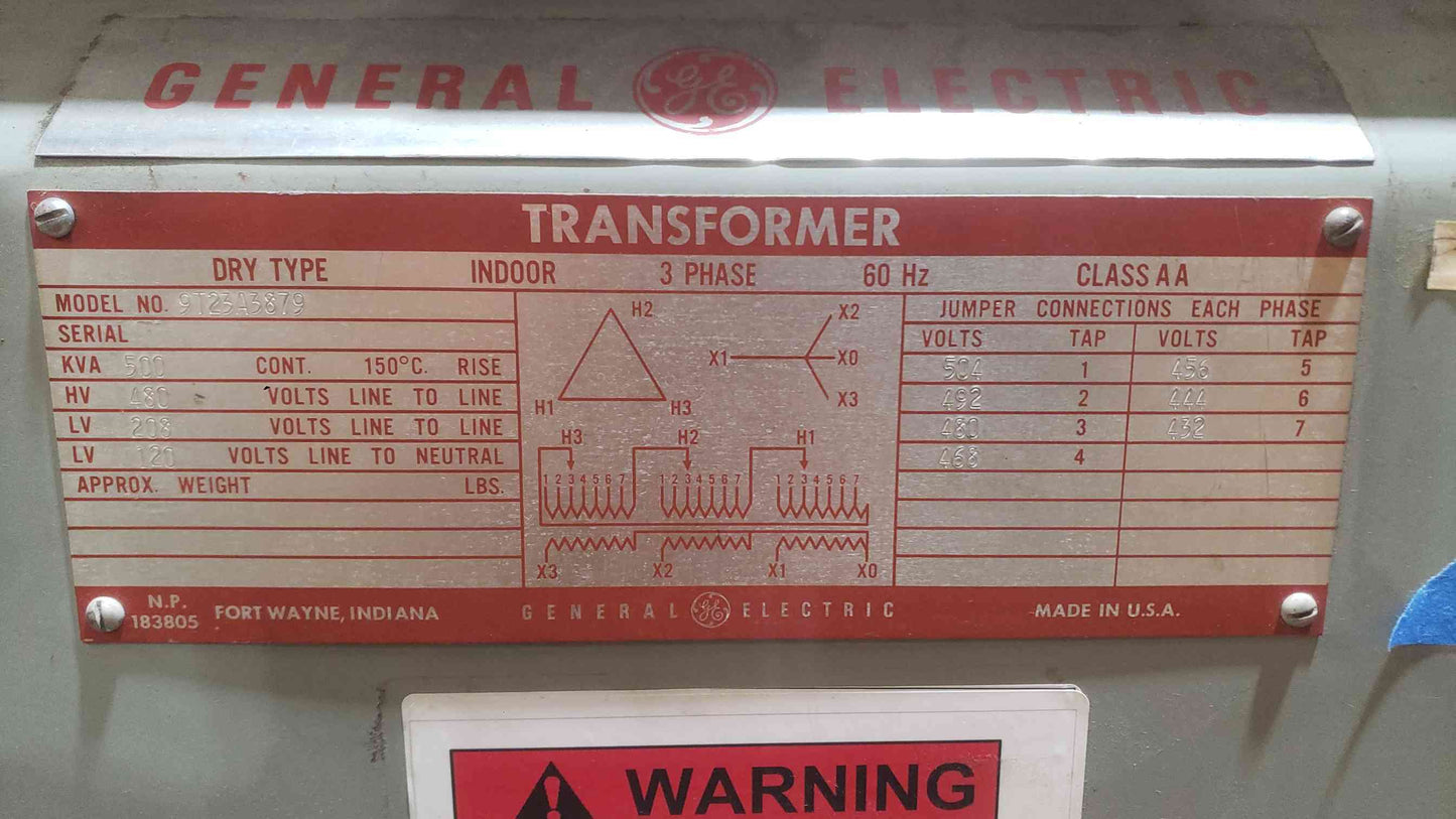 500KVA Square D 480-208/120 3PH Transformer 9T23A3879 (SKU: 112588)