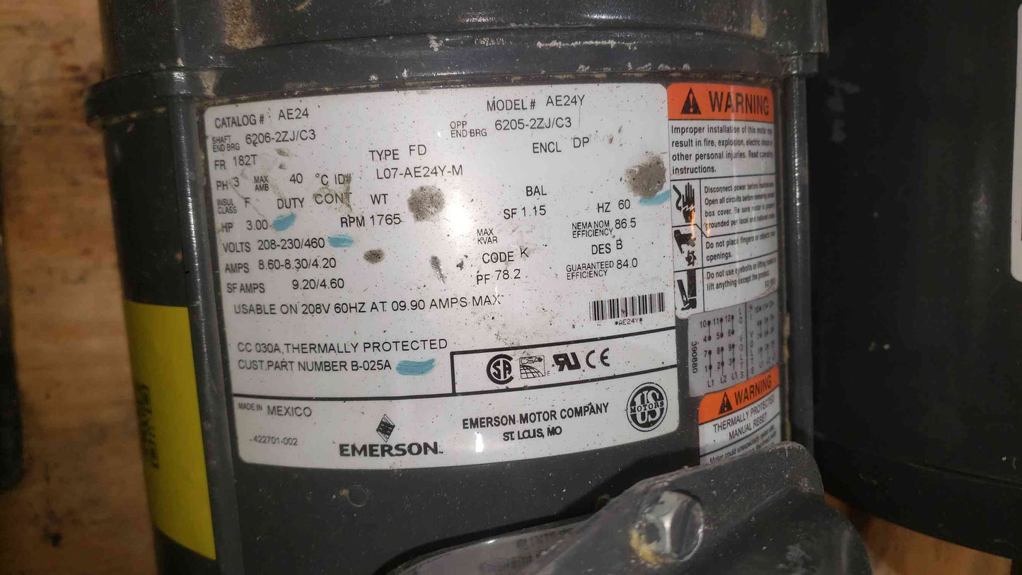 US Motors 3HP 208-230/460 3PH Motor AE24Y (SKU: 112599)