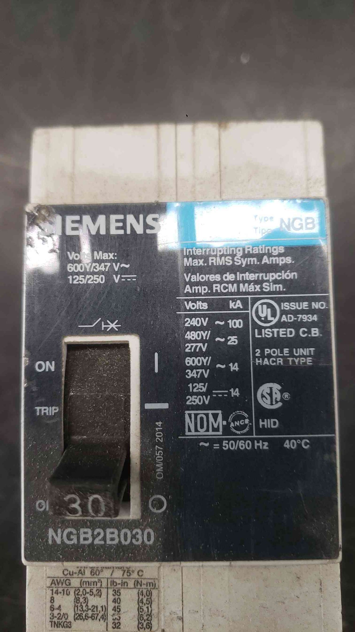 Siemens 30A 600Y/347 V~ 2 Pole Breaker NGB2B030 (SKU: 112678)