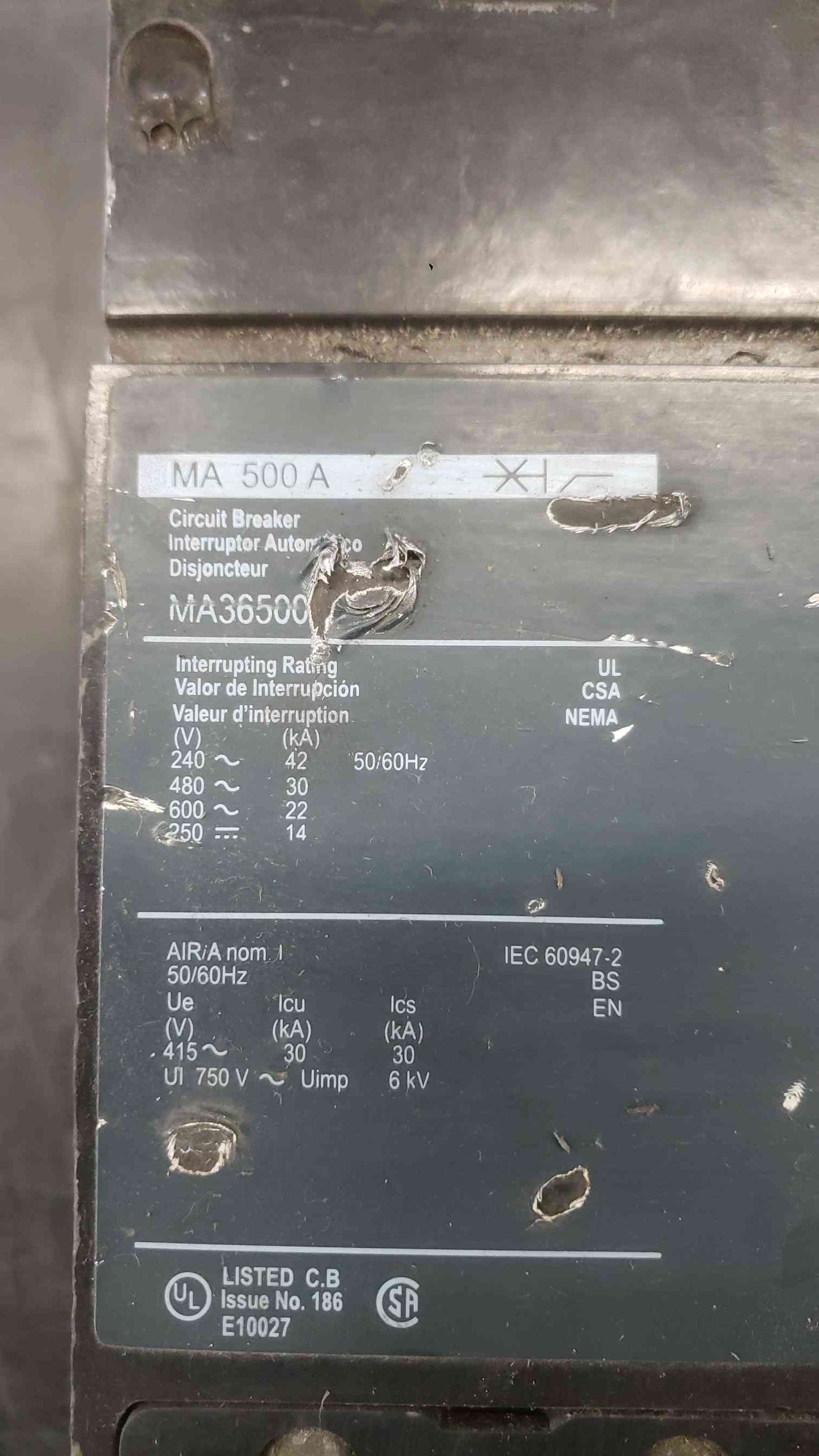 AS-IS Square D 500A 600V~ 3 Pole Breaker MA36500 (SKU: 112682)