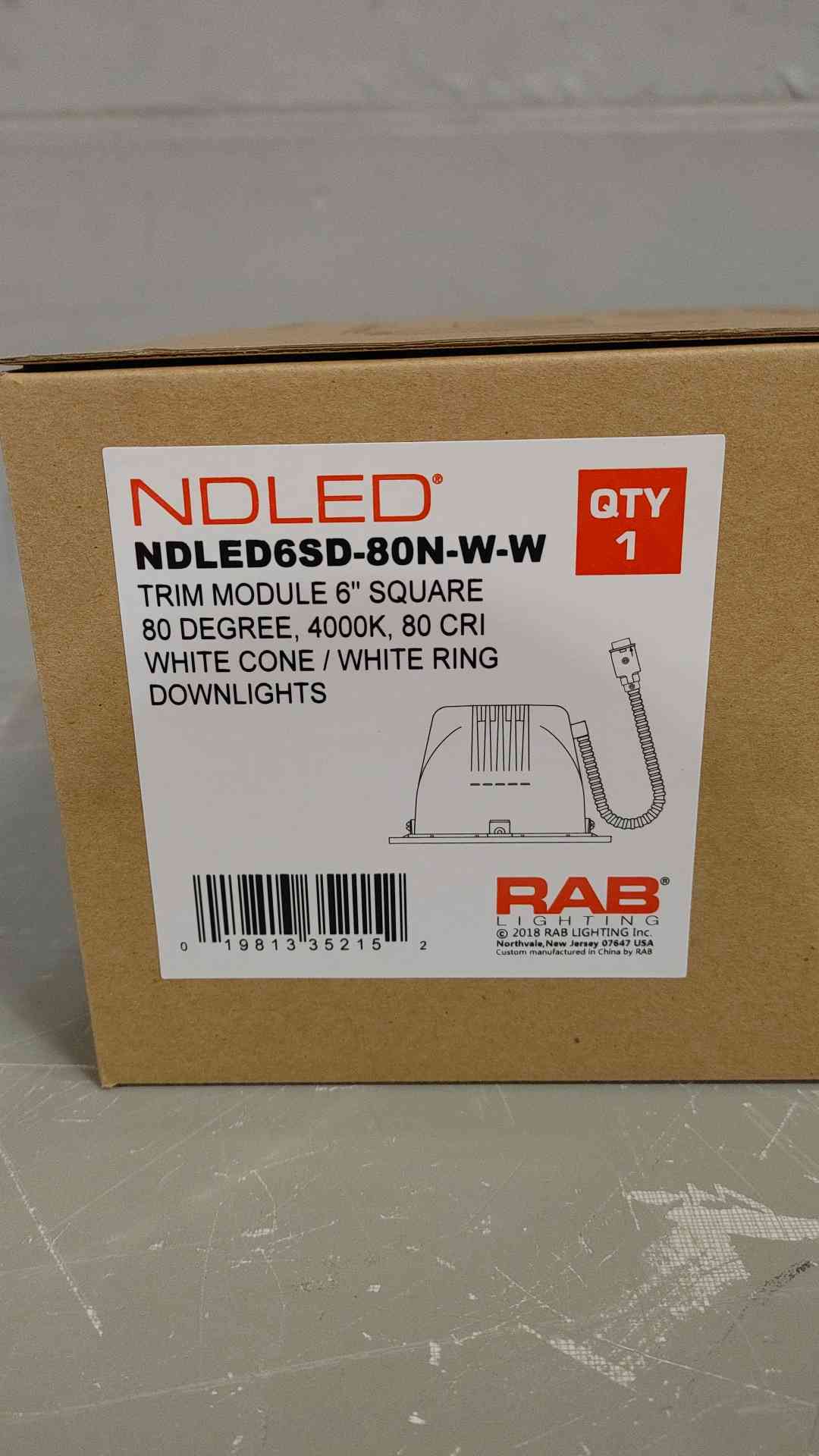 RAB Lighting NDLED Trim Module 6" Square 80Â°,4000K,80 CRI White Cone/White Ring Downlight NDLED6SD-80N-W-W(SKU: 112670)