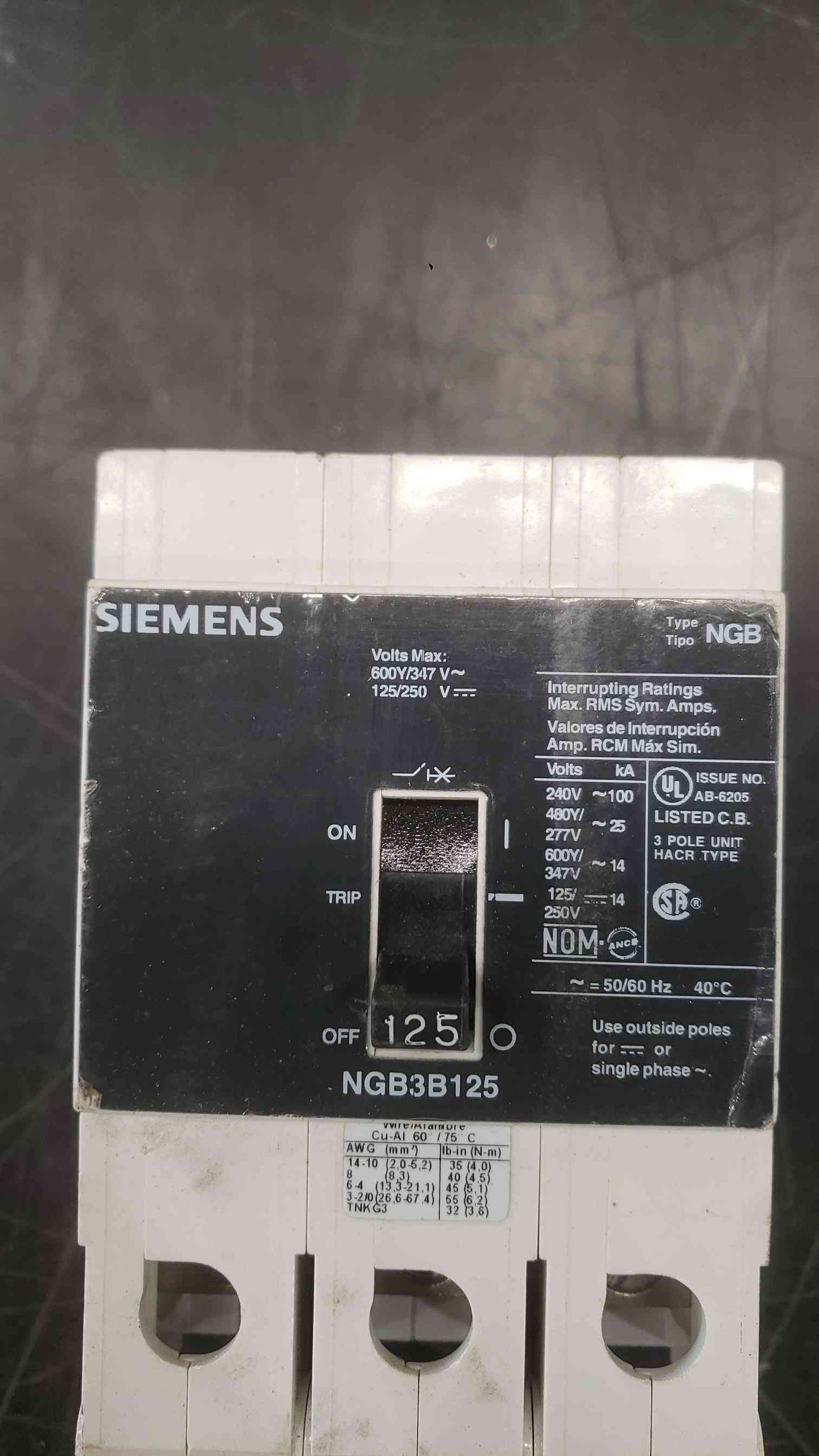 Siemens 125A 600Y/347V 3 Pole Breaker NGB3B125 (SKU: 112674)