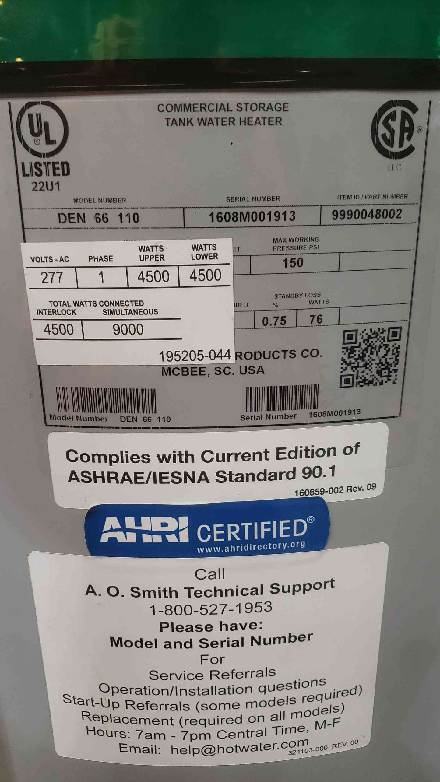 AO Smith 277V 66 Gallon 1PH Commercial Storage Tank Water Heater DEN 66 110 (SKU: 112692)