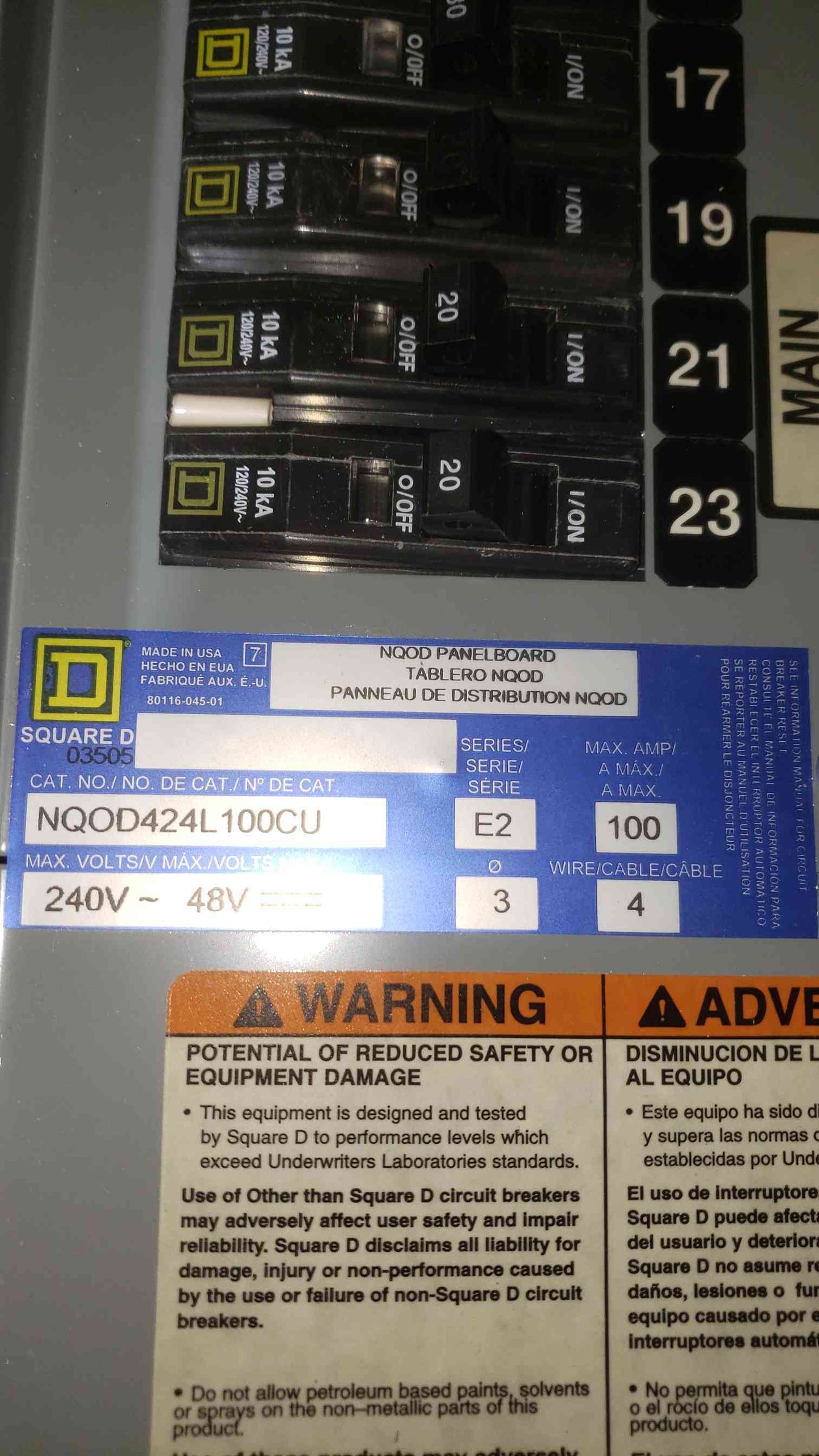 Square D 100A 240V~ 3PH 4W Panelboard NQOD424L100CU (SKU: 112693)