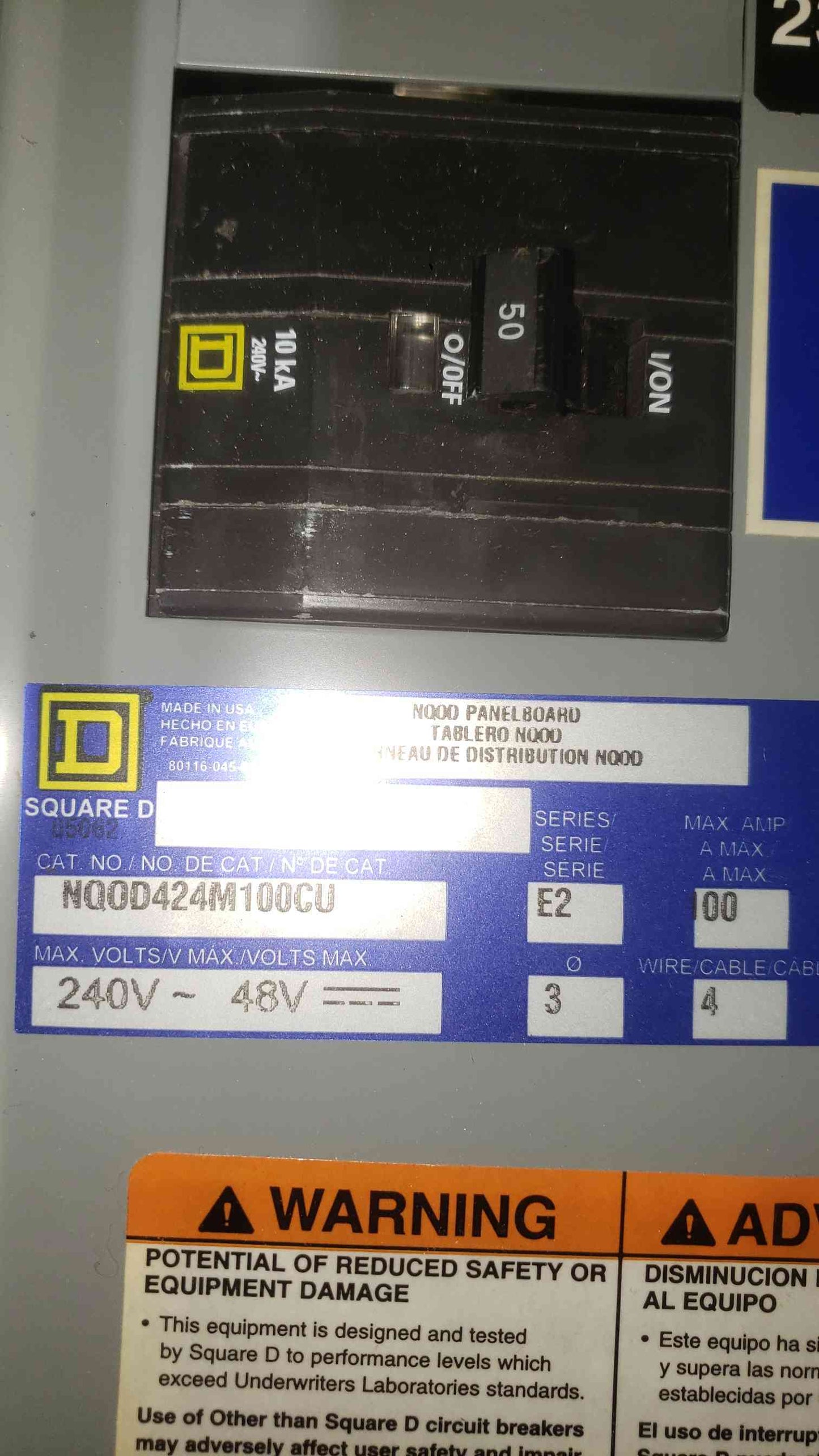 Square D 100A 240V~ 3PH 4W Panelboard NQOD424M100CU (SKU: 112697)