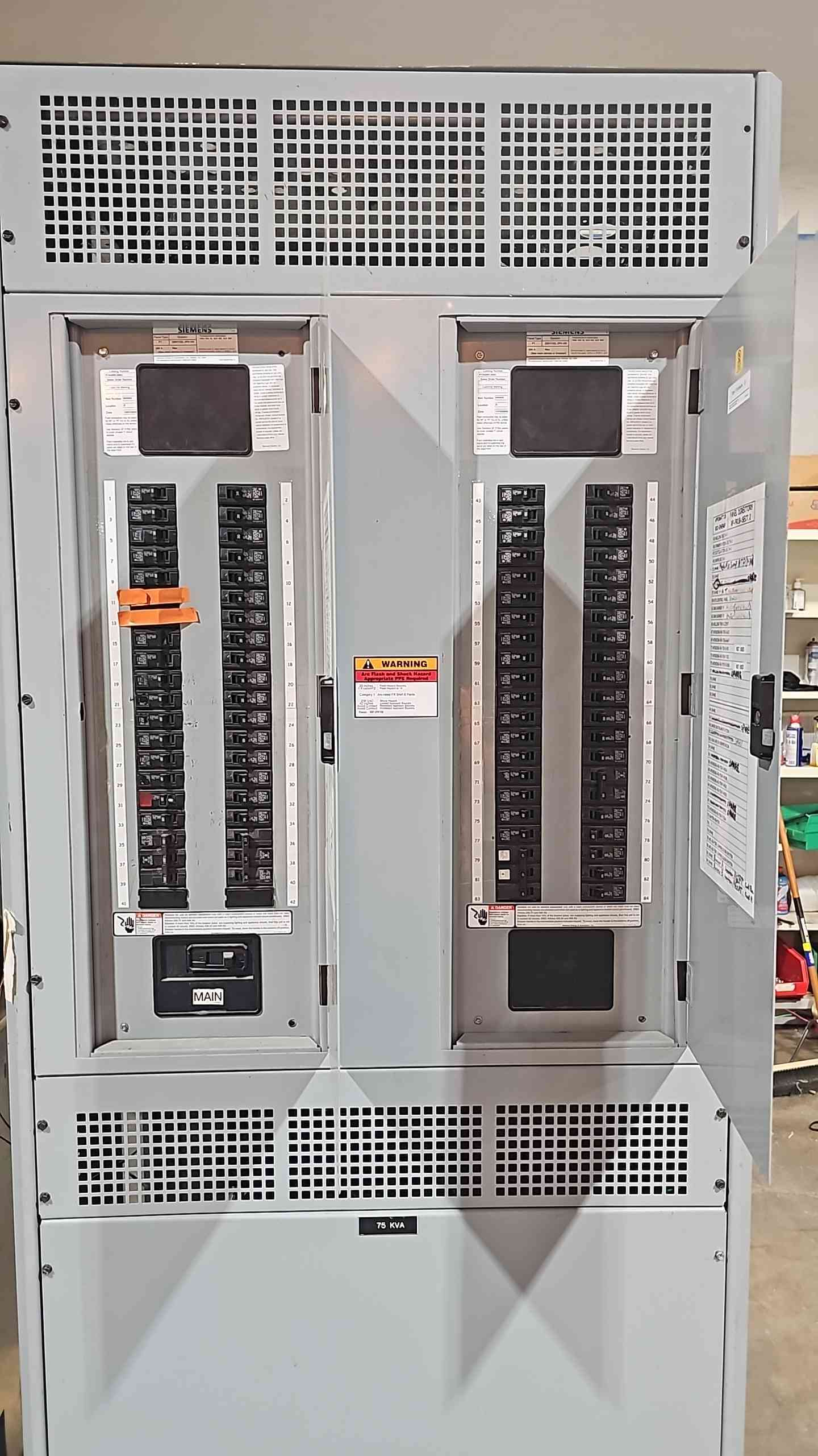 75KVA Hammond Transformer 480v x 208/120v Switchboard w/ 2 Integrated Siemens 250A 120/208v Panelboards (112754).