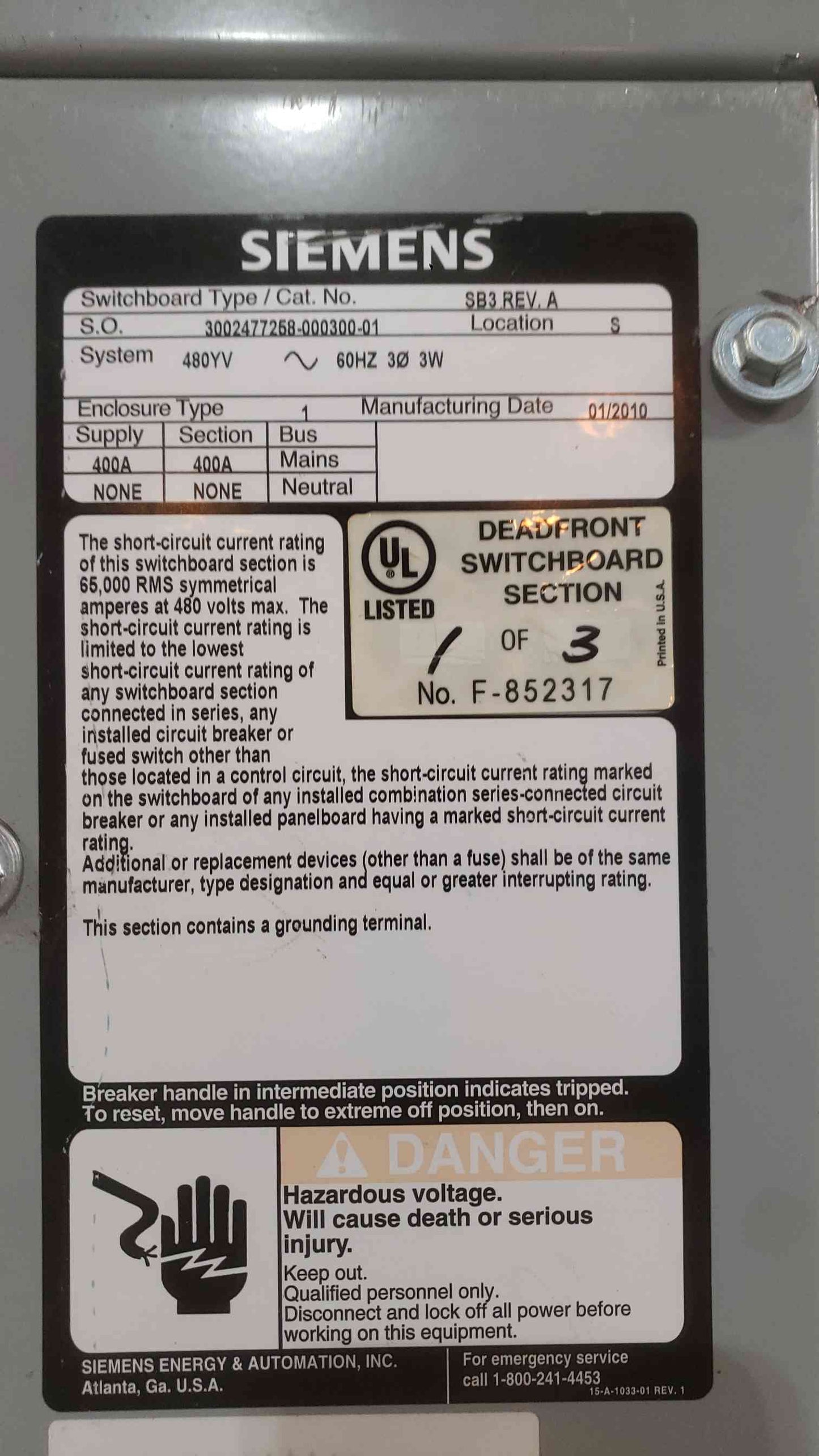 Siemens SB3 Switchboard 400A 480V 3PH 3W | 65kA | Includes (7) HEB Breakers (SKU: 112759)