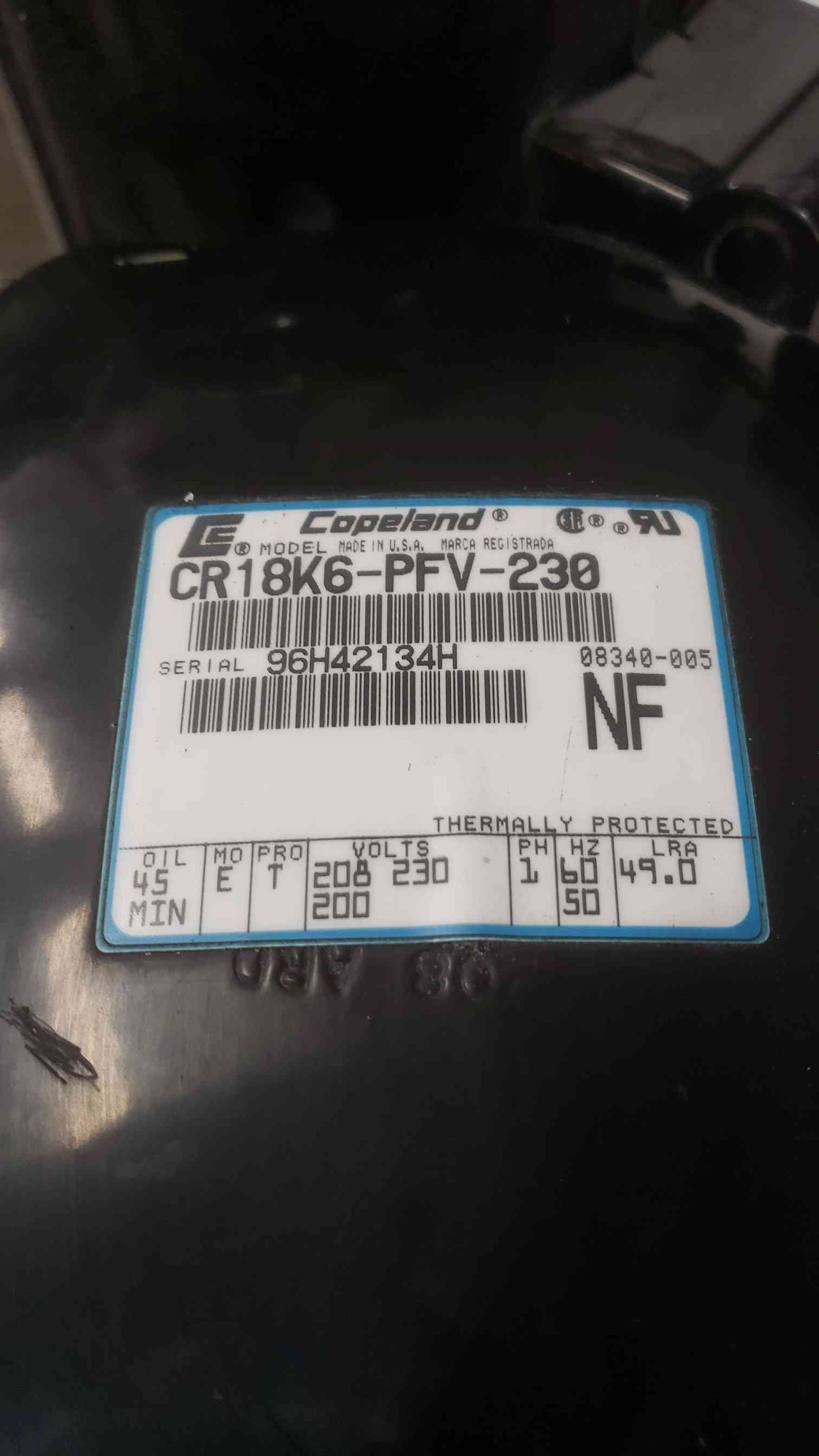 Copeland CR18K6-PFV-230 Reciprocating Compressor 1.5 Ton 230V 1PH R22 HVAC (SKU: 112825)
