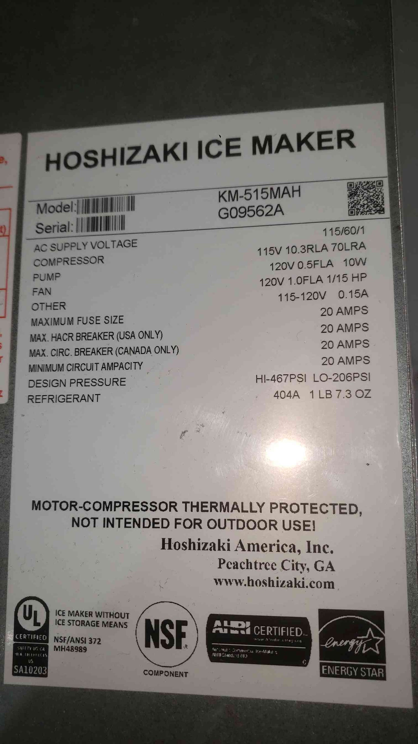 Hoshizaki KM-515MAH 22" Air Cooled Crescent Cube Ice Machine Head - 527 lb/day (SKU: 112814)