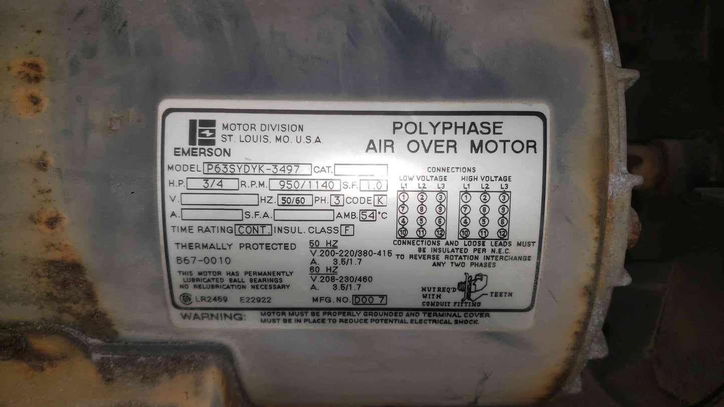 Emerson 3/4 HP 3-Phase Air Over Motor 1140RPM 208-230/460V P63SYDYK-3497 HVAC (SKU: 112818)