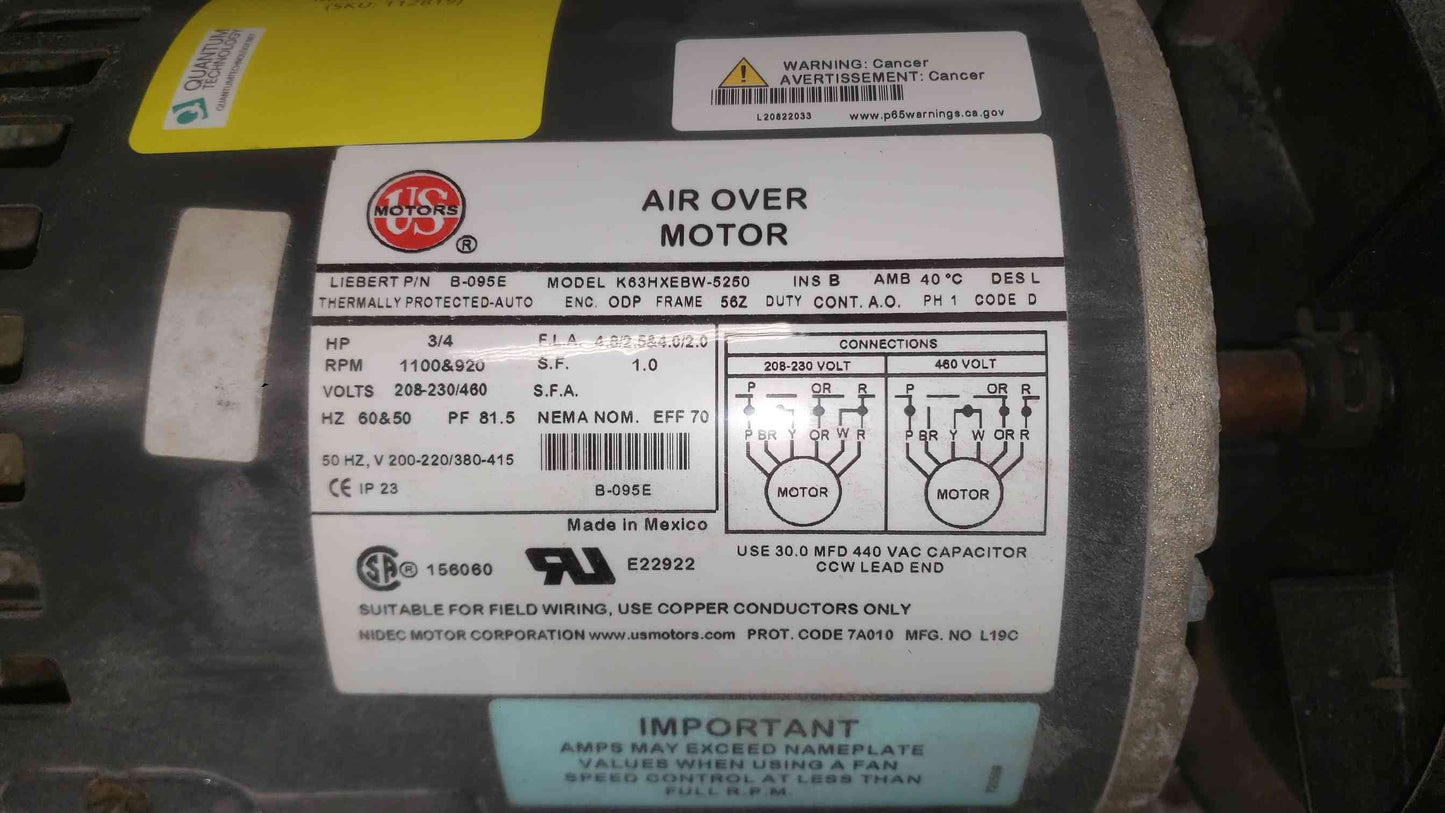 US Motors 3/4HP 208-230/460 1PH Air Over Motor K63HXEBW-5250 (SKU: 112819)