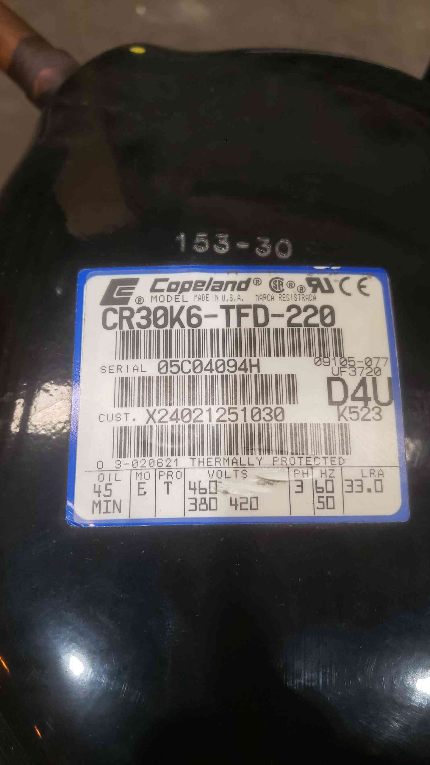 Copeland 460V 3PH Compressor CR30K6-TFD-220 (SKU: 112849)