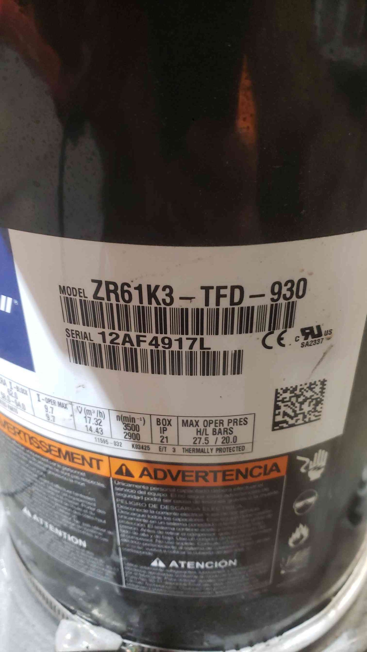 Copeland Scroll 460V 3-Phase Compressor ZR61K3-TFD-930 (SKU: 112854)1