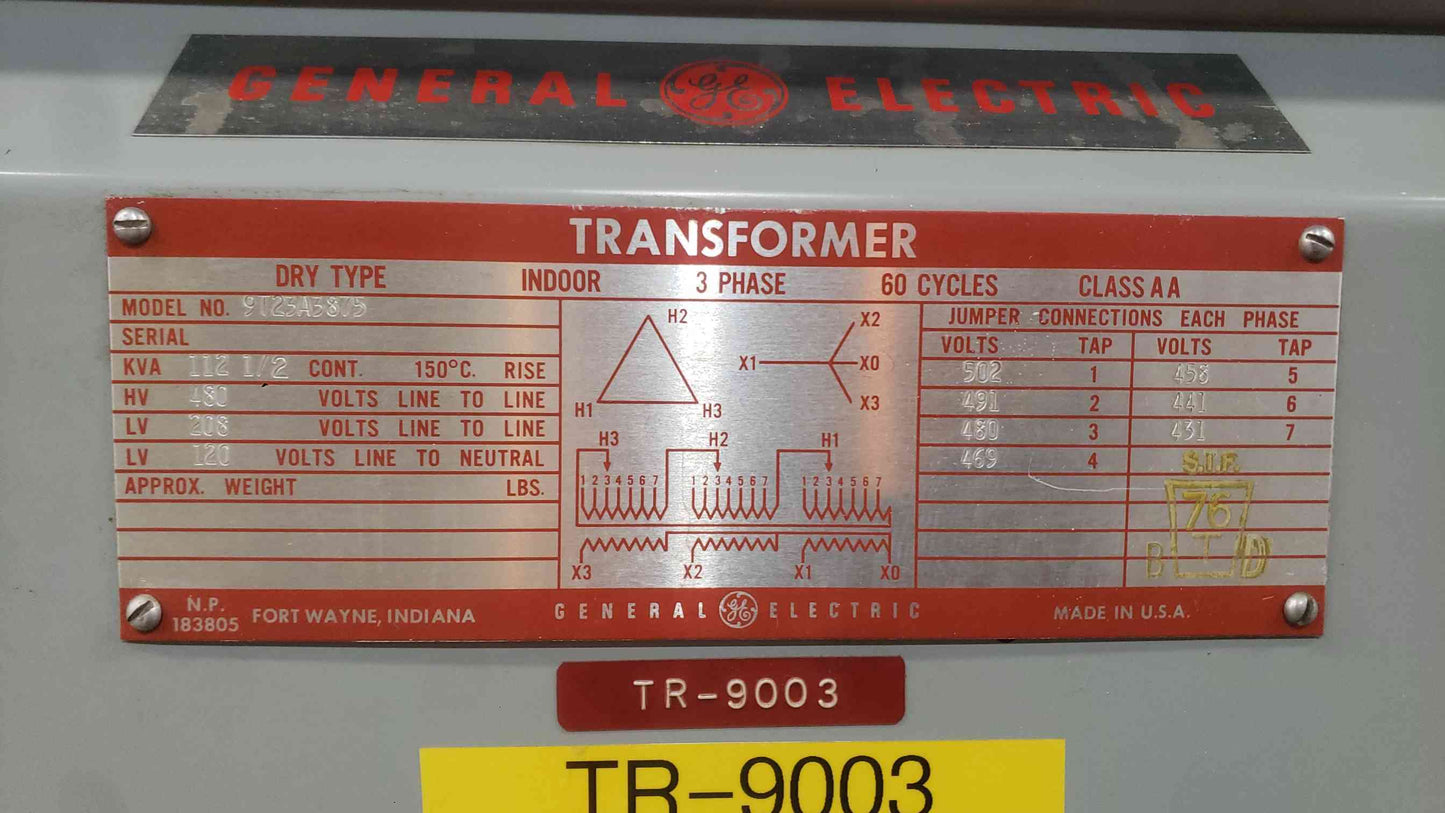 GE 112.5 KVA Dry Type Transformer 3 Phase 480V x 208Y/120V Model 9T23A3875 (SKU: 112736)