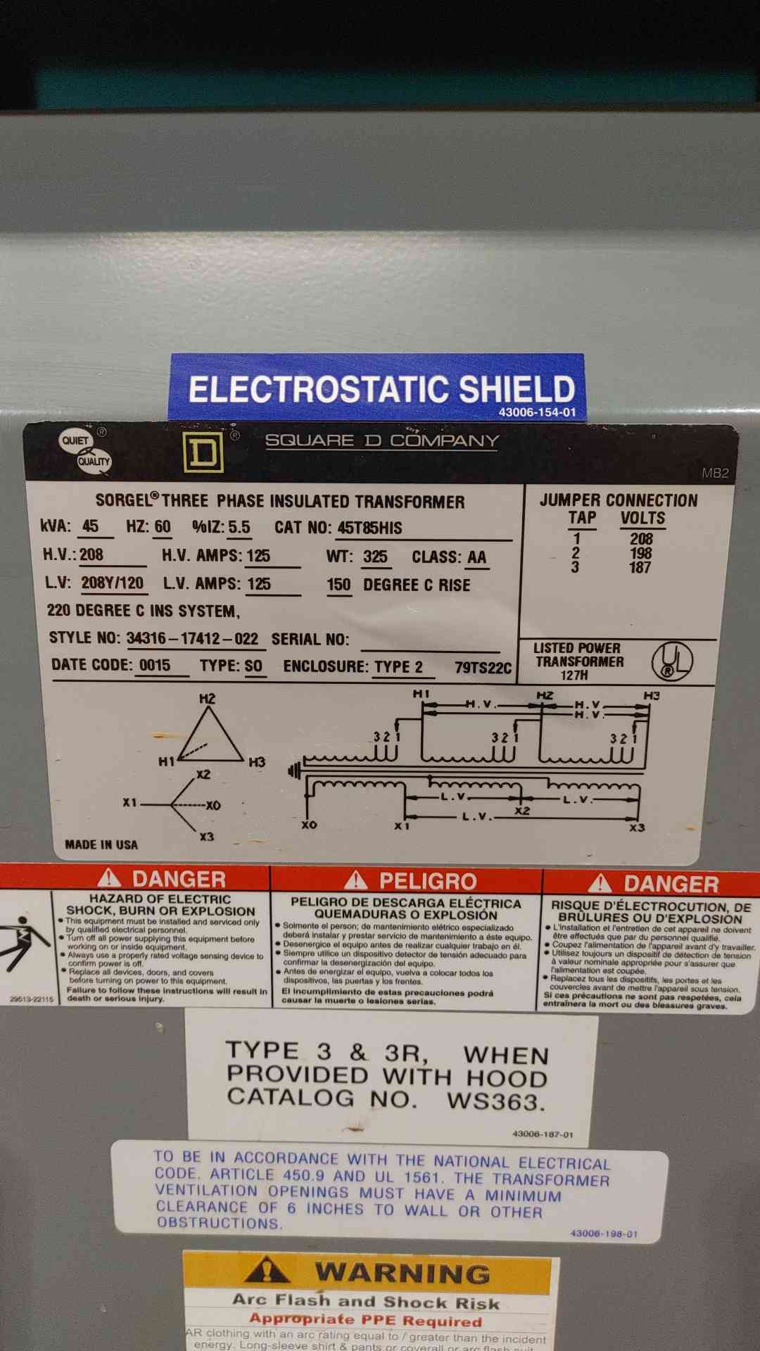 Square D 45T85HIS 45 kVA 3-Phase Transformer 208V Delta to 208Y/120V Sorgel Shielded (SKU: 112917)