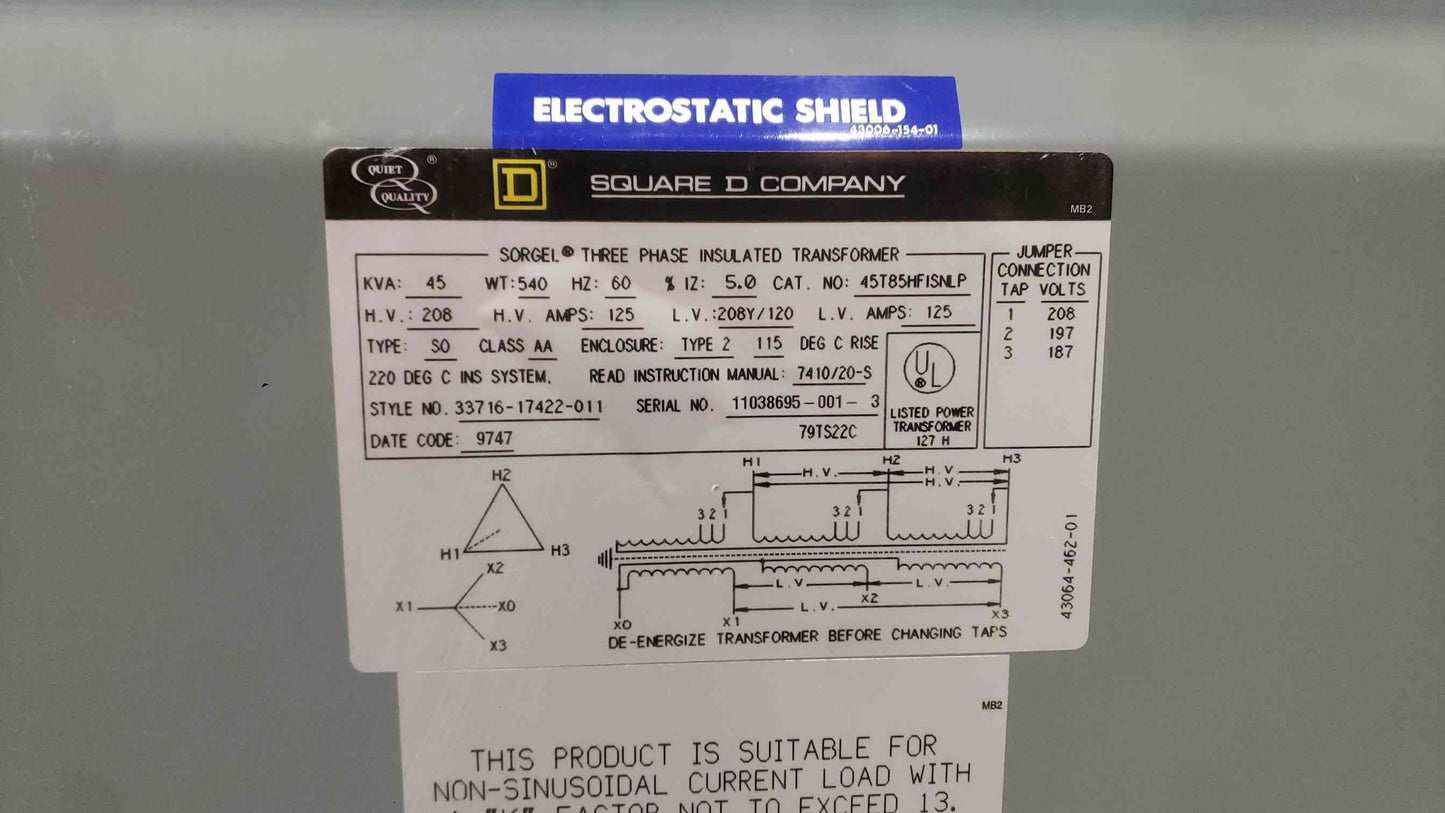 Square D Sorgel 45 kVA K-Factor 13 Transformer 208V x 208Y/120V 3-Phase 45T85HFISNLP (SKU: 112919)