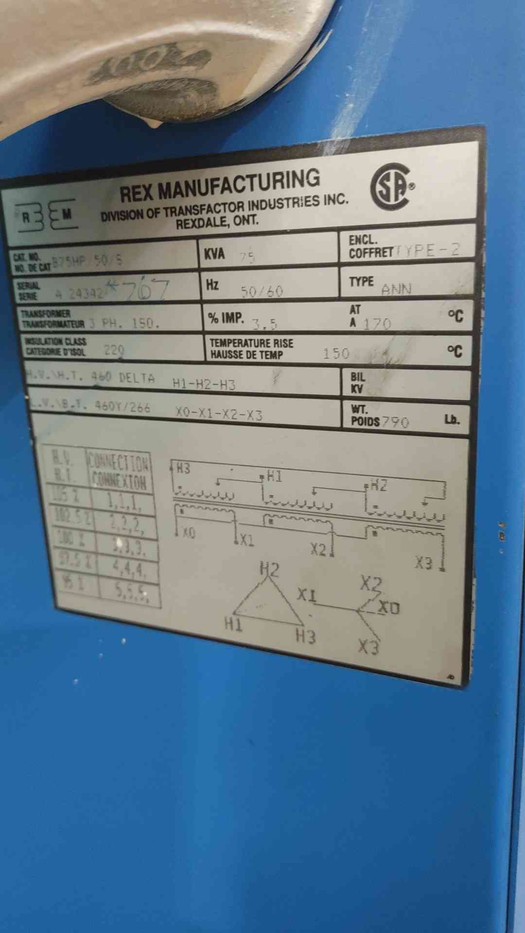 Rex 75 kVA 3 Phase Isolation Transformer 460 D x 460Y/266V B75HP/50/S(SKU: 112933)
