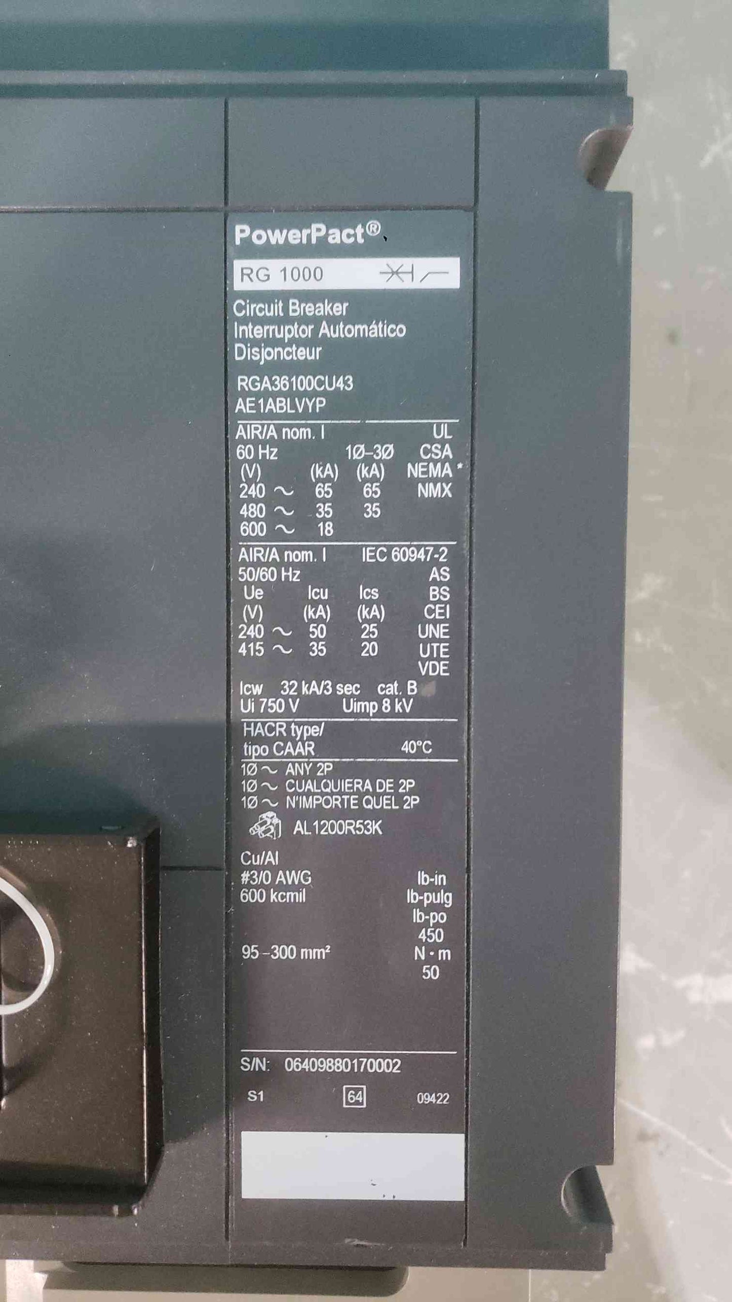 Square D PowerPact RGA36100CU43AE1ABLVYP 1000A 3P 600V I-Line Breaker Micrologic 5.0A (SKU: 112860)