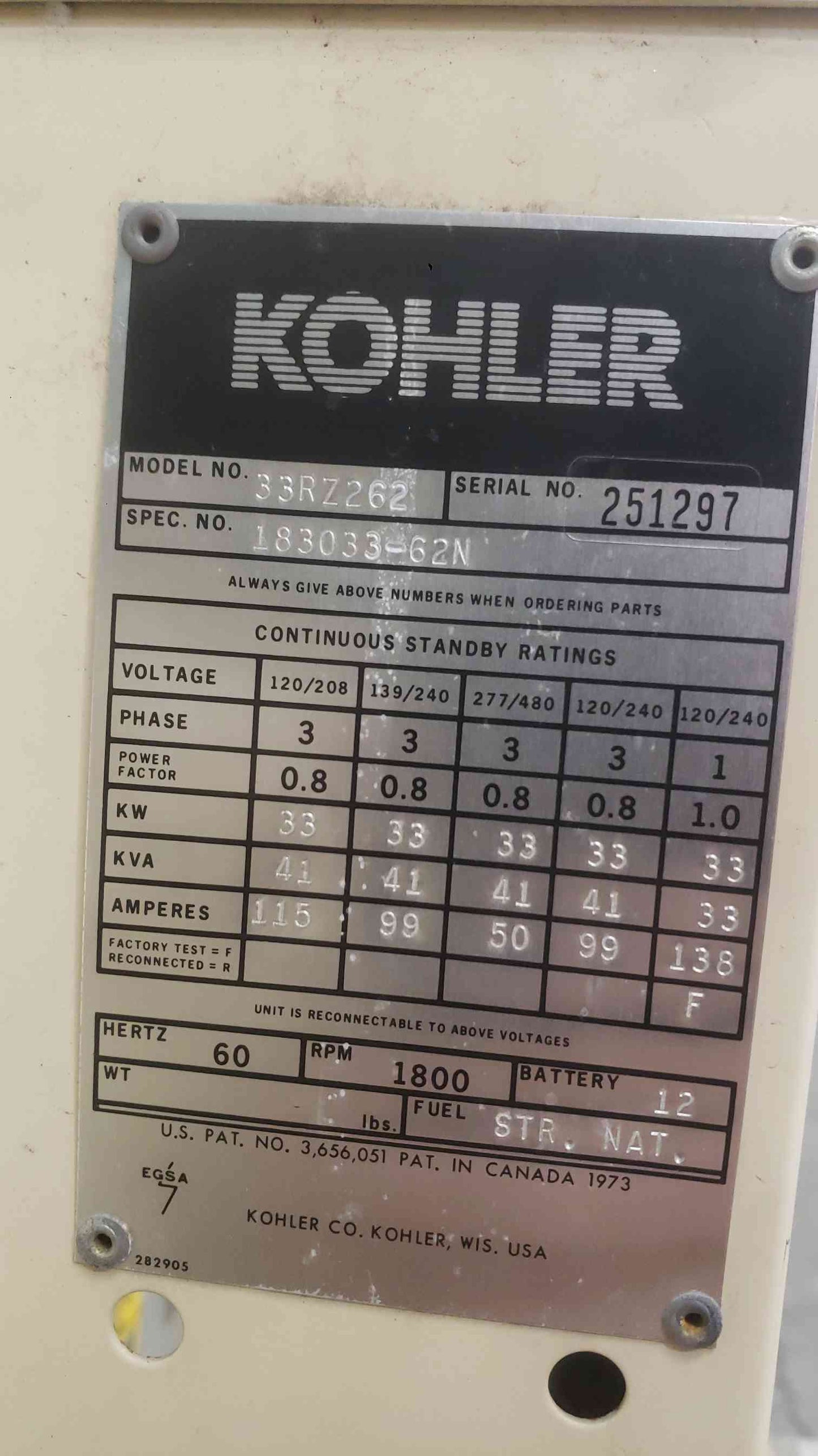 33KW Kohler 33RZ262 Multi-Phase NG/LP 3442.7 Hrs. TESTED (SKU: 113049)