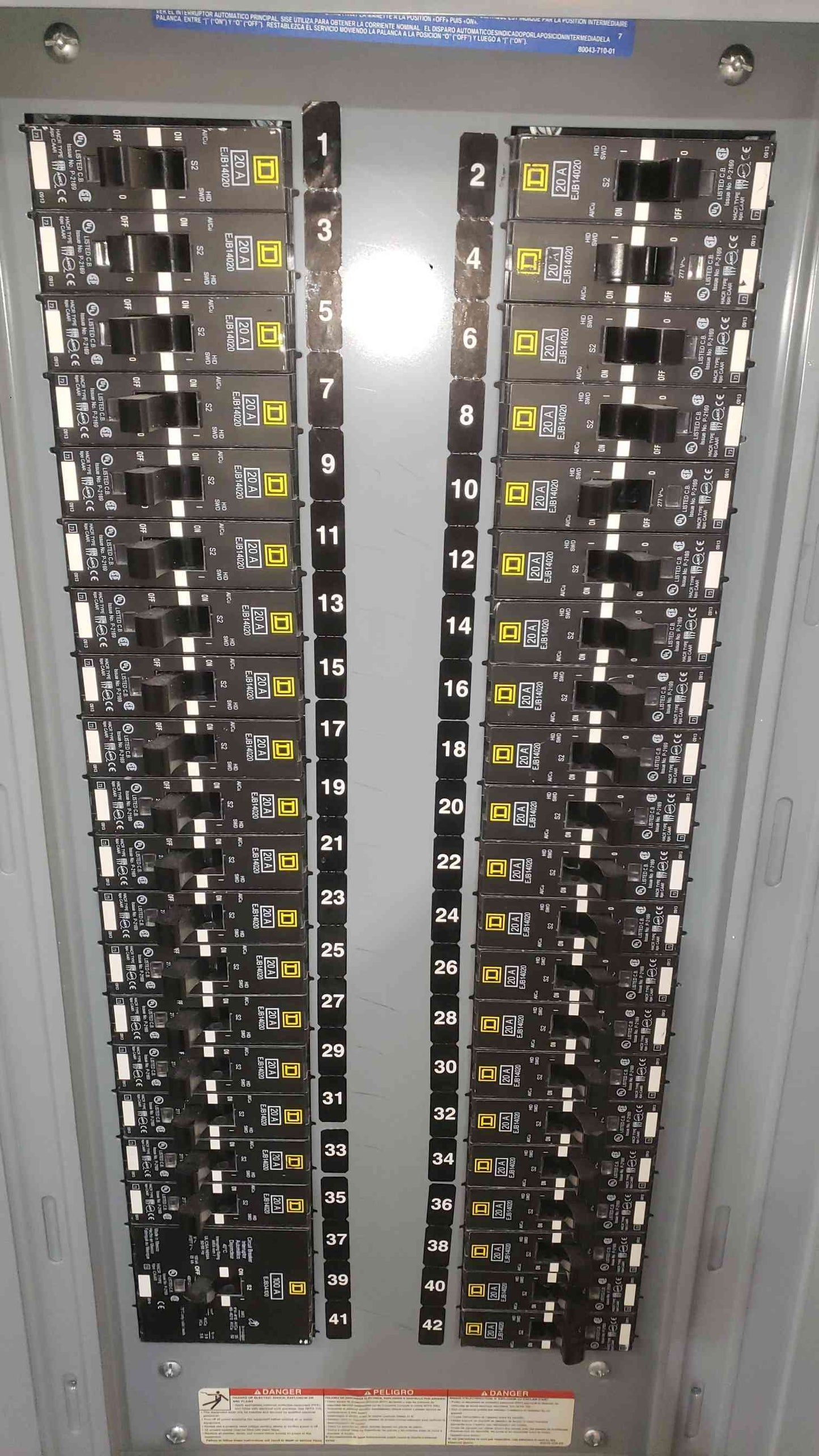 Square D NF Panelboard 100A 480Y/277V 3-Phase 42-Circuit w/ 39x EDB14020 & 1x EDB34100 (SKU: 113107)