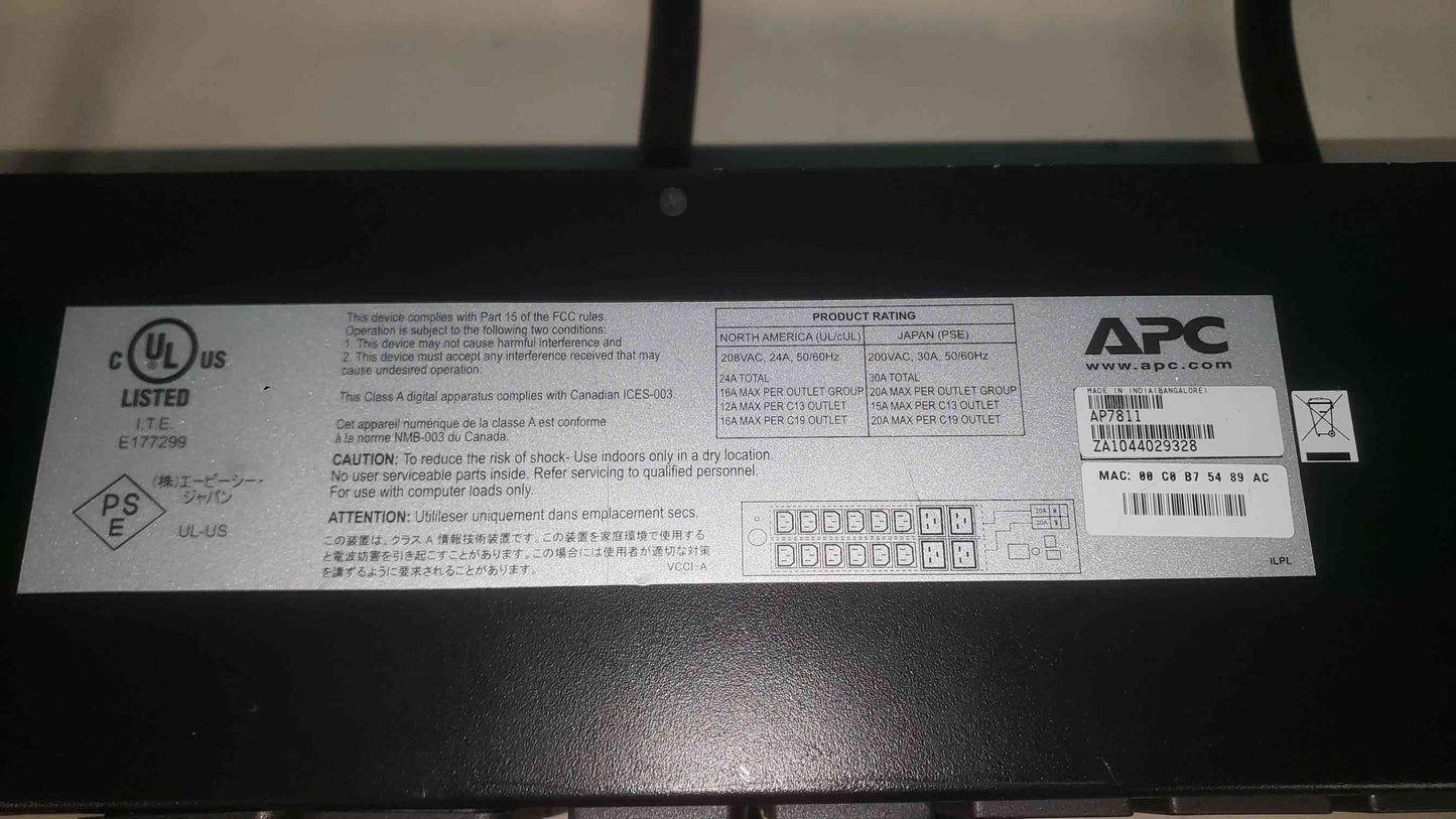 APC AP7811 Metered Rack PDU 2U 30A 208V (12) C13 (4) C19 Outlets L6-30P 5.0kW