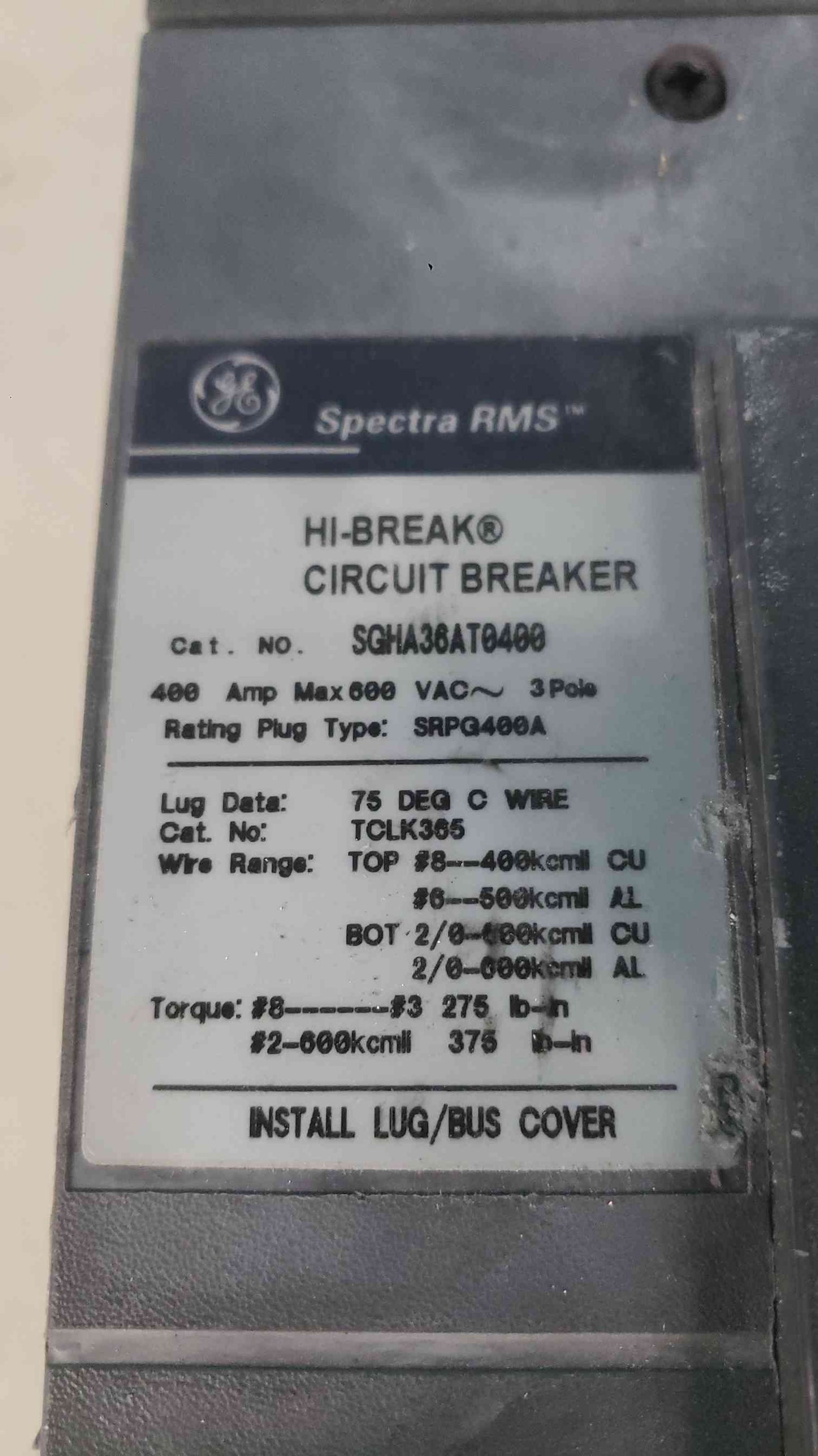 GE SGHA36AT0400 Spectra RMS Hi-Break Circuit Breaker 3-Pole 400A Frame w/ 300A Plug SRPG400A300