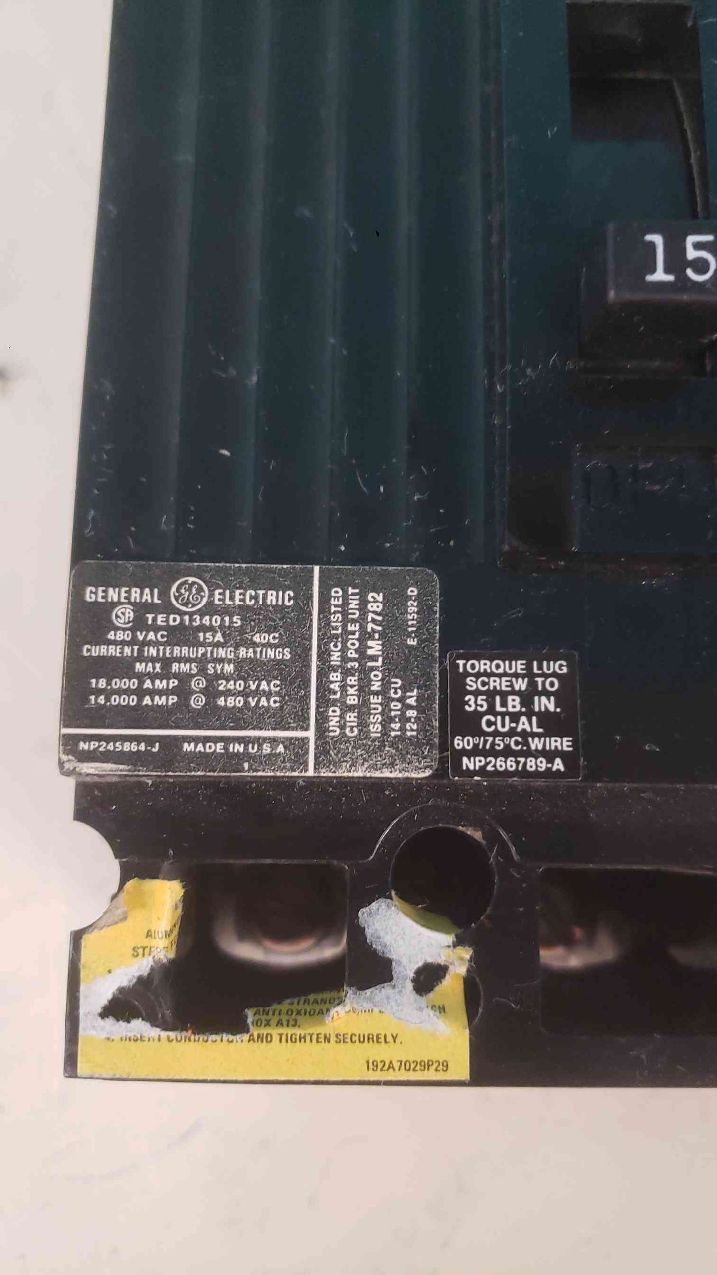 GE TED134015 Circuit Breaker 3-Pole 15A 480V 600V Molded Case Industrial E-Frame