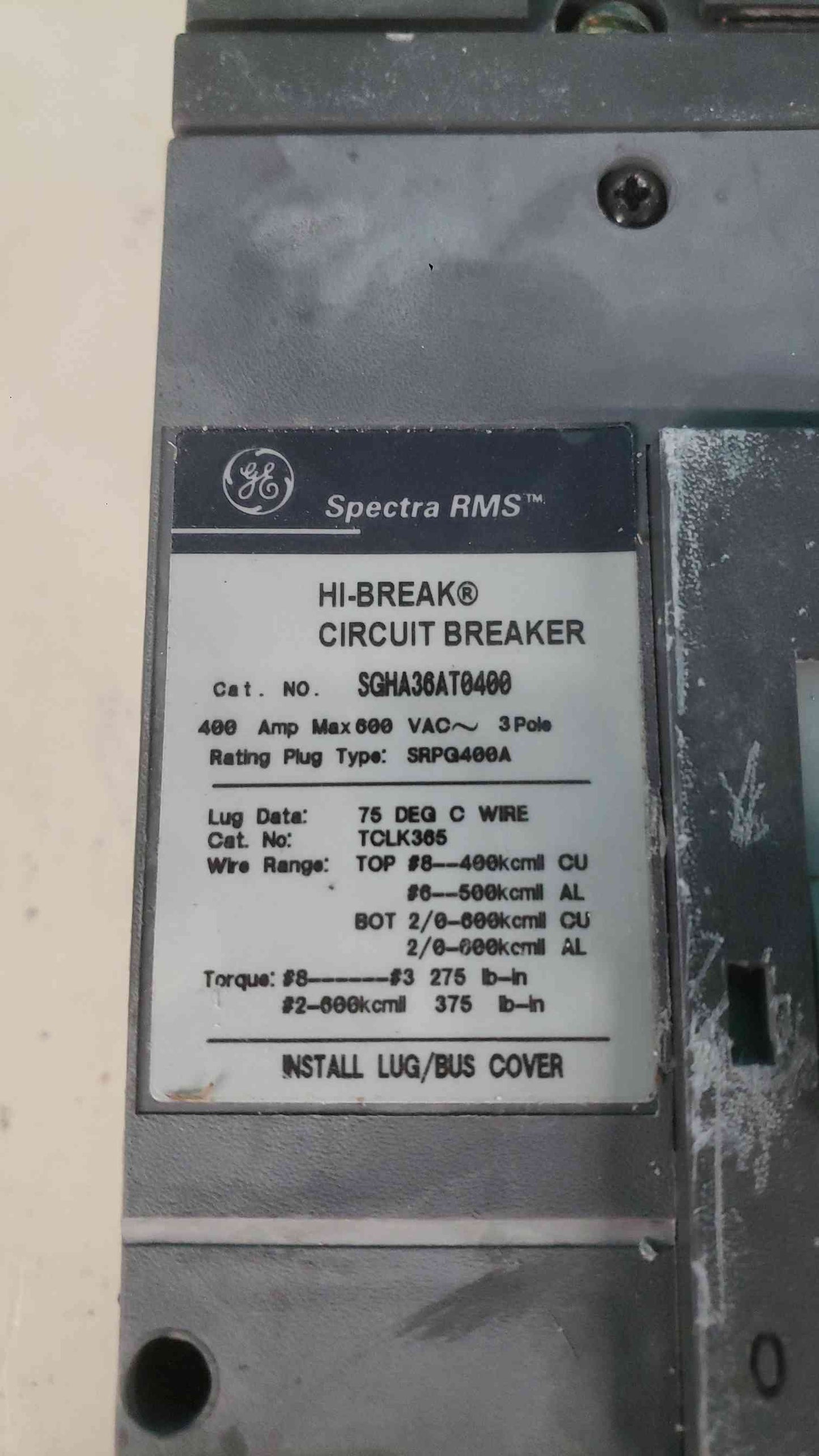 GE SGHA36AT0400 Spectra RMS Hi-Break Circuit Breaker 3-Pole 400A Frame SGH Industrial