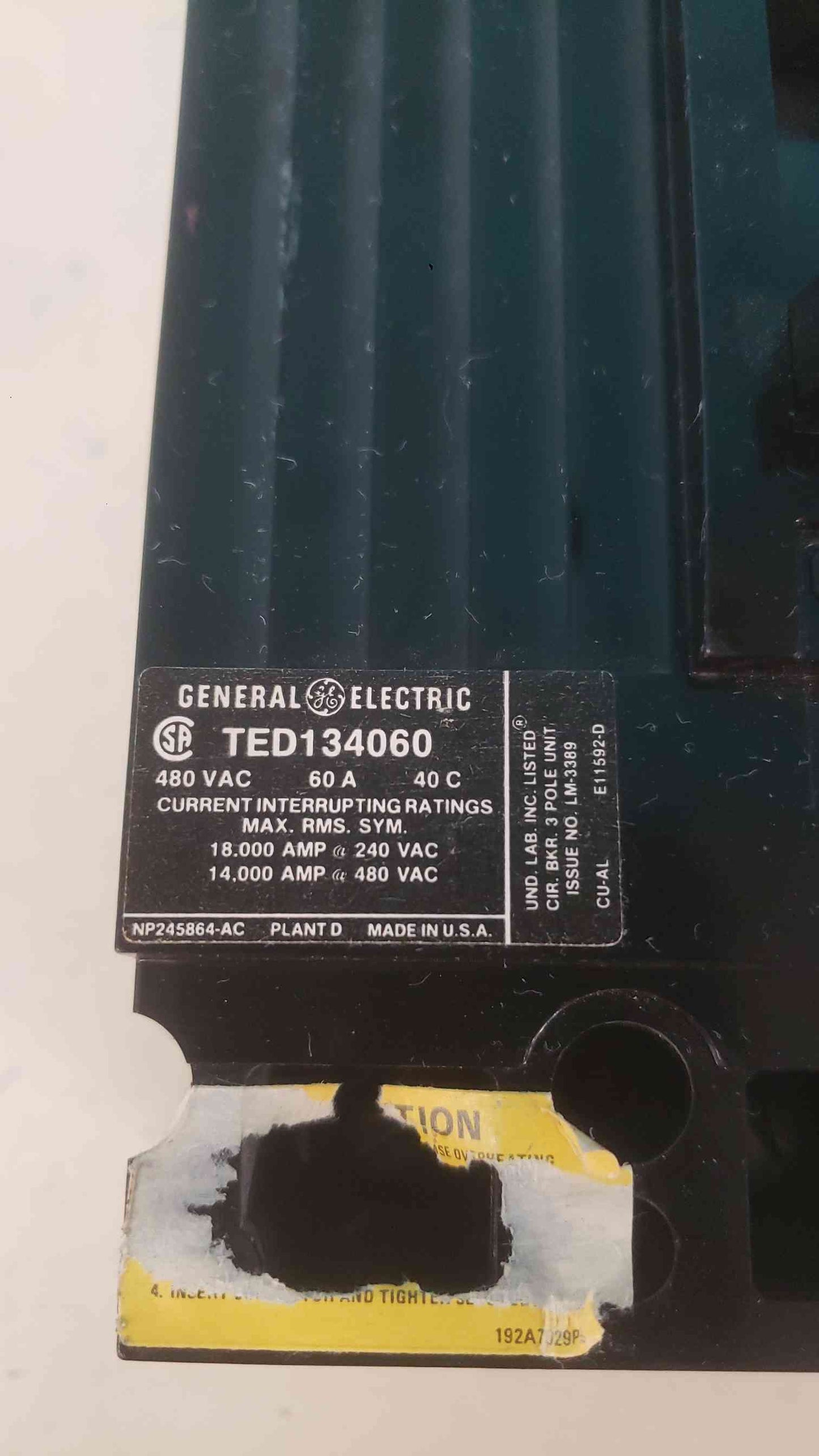 GE TED134060 Circuit Breaker 3-Pole 60A 480VAC Molded Case Industrial E-Frame Bolt-On (SKU: 113252)