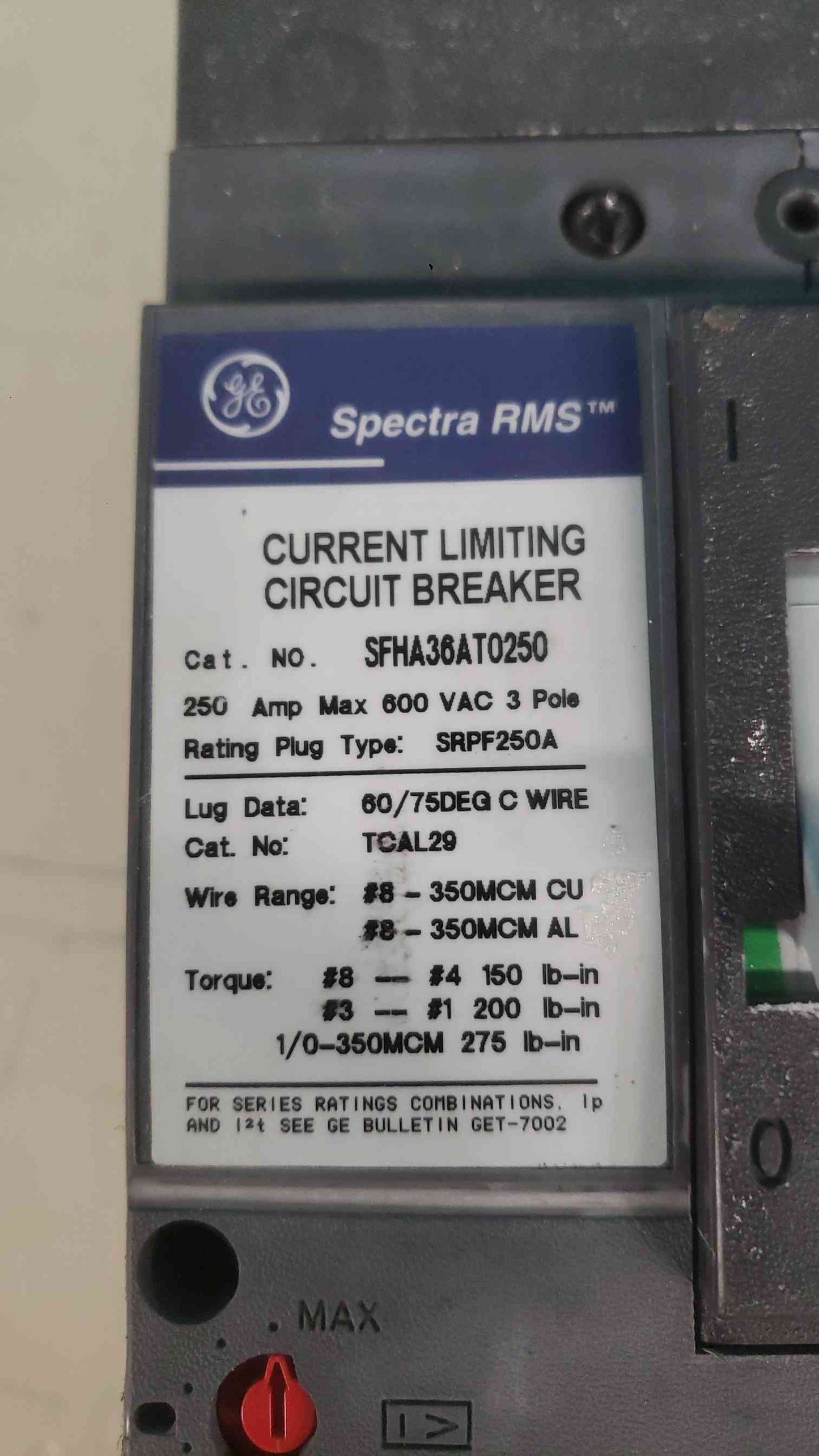 GE Spectra RMS SFHA36AT0250 250A Hi-Break Circuit Breaker 3-Pole 600V w/ 250A Plug (SKU: 113323)