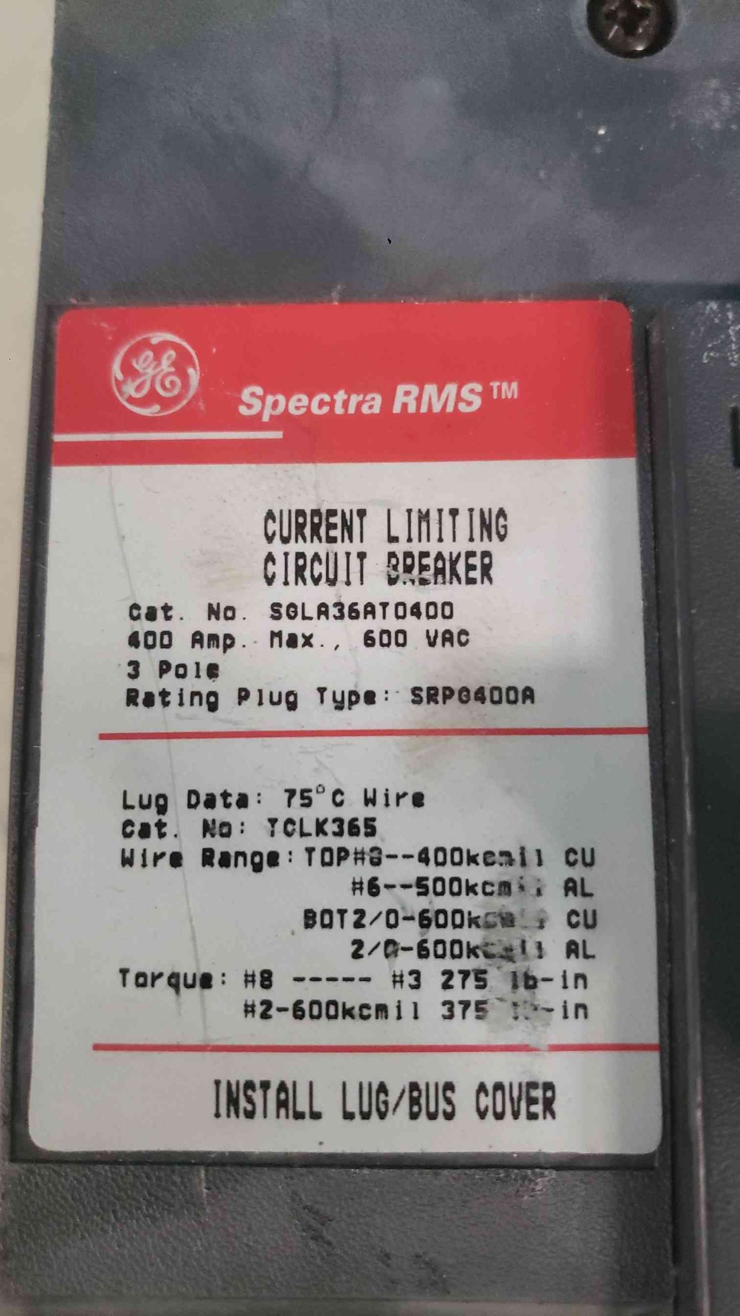 GE Spectra RMS SGLA36AT0400 400A Frame Circuit Breaker 600V 3-Pole w/ 350A Plug (SKU: 113326)