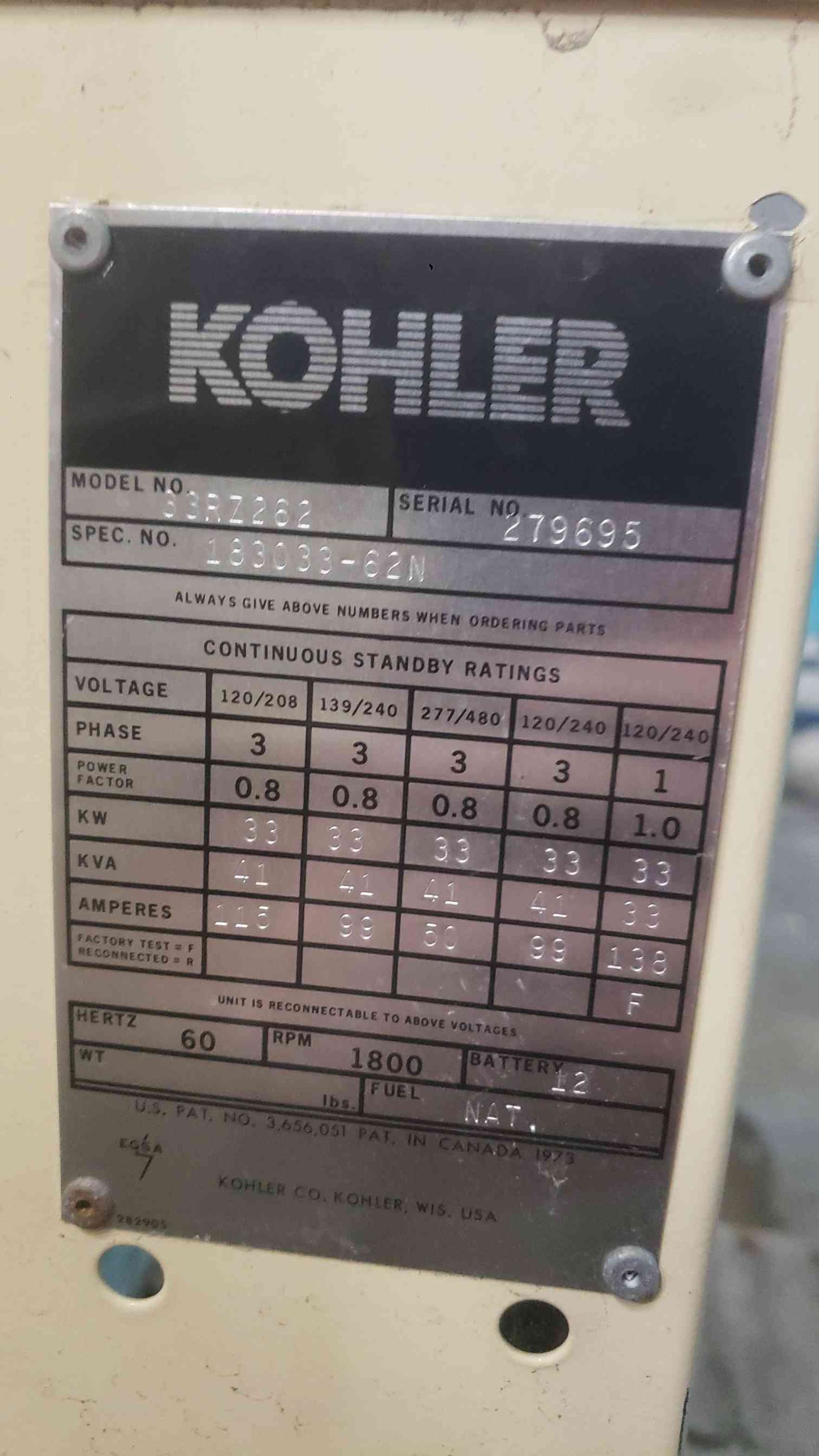 AS-IS 33KW Kohler 33RZ262 120/240 Multi-Phase 99A LP/NG 1420.7 (SKU: 113349)