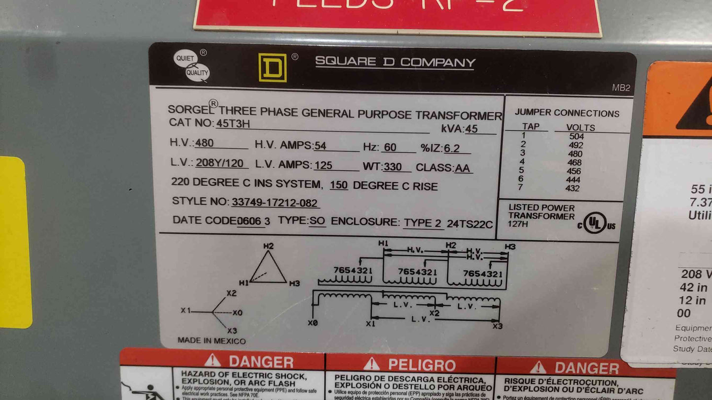 Square D 45T3H 45 kVA Transformer 3 Phase 480V to 208Y/120V Sorgel Dry Type (SKU: 113134)