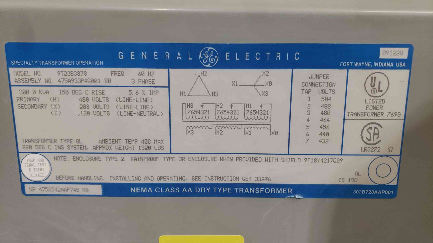 GE 300 KVA Dry Type Transformer 3 Phase 480V to 208Y/120V 9T23B3878 Type QL AL (SKU: 113377)