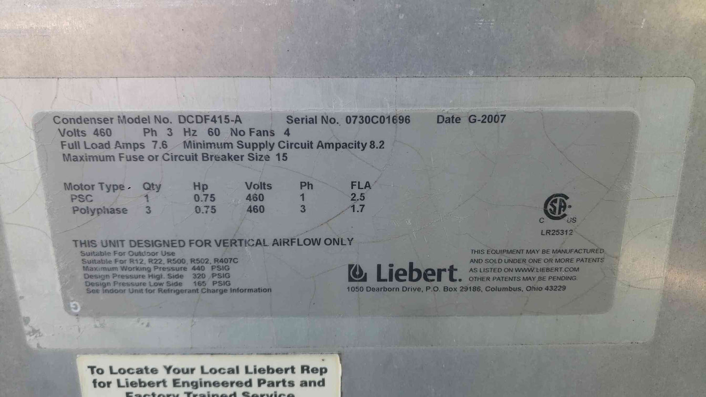 Liebert 4 Fan Air Cooled Condenser DCDF415-A 460V 3PH (SKU: 113368)