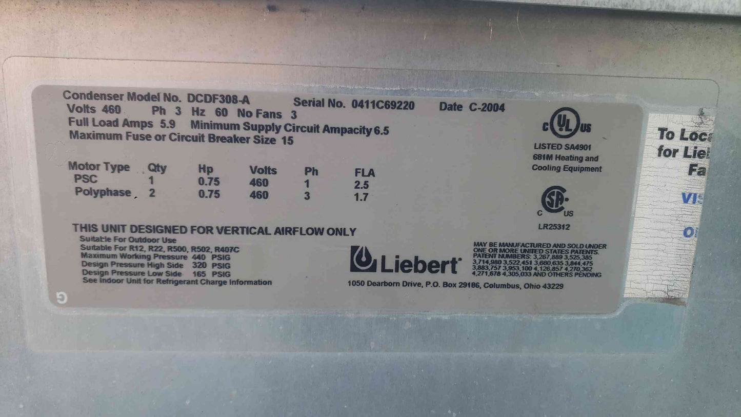 Liebert 3 Fan Air Cooled Condenser DCDF308-A 460V 3PH (SKU: 113371)