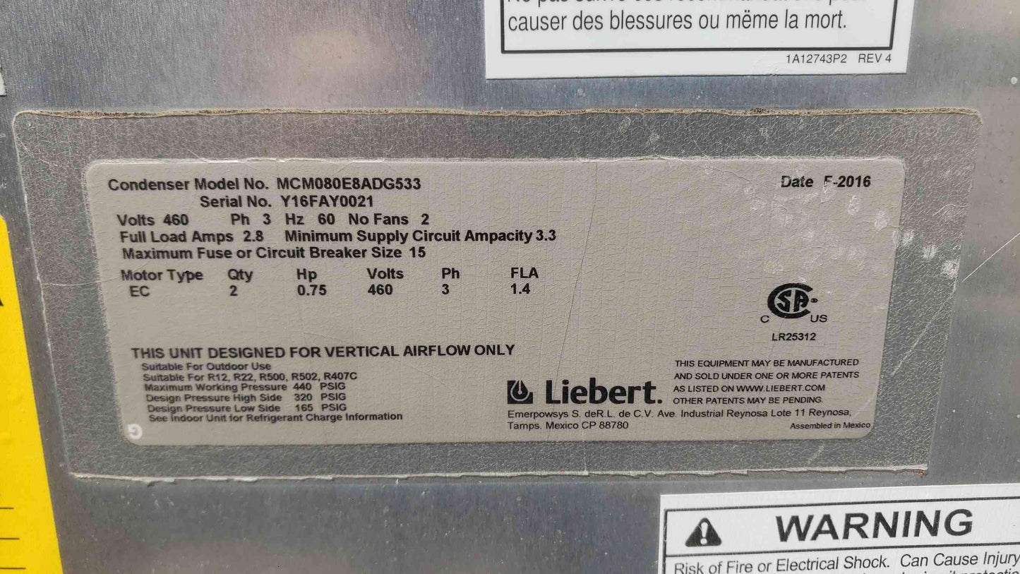 Liebert MCM080 Air Cooled Condenser MCM080E8ADG533 460V 3PH 2-Fan CRAC Micro-Channel (SKU: 113372)