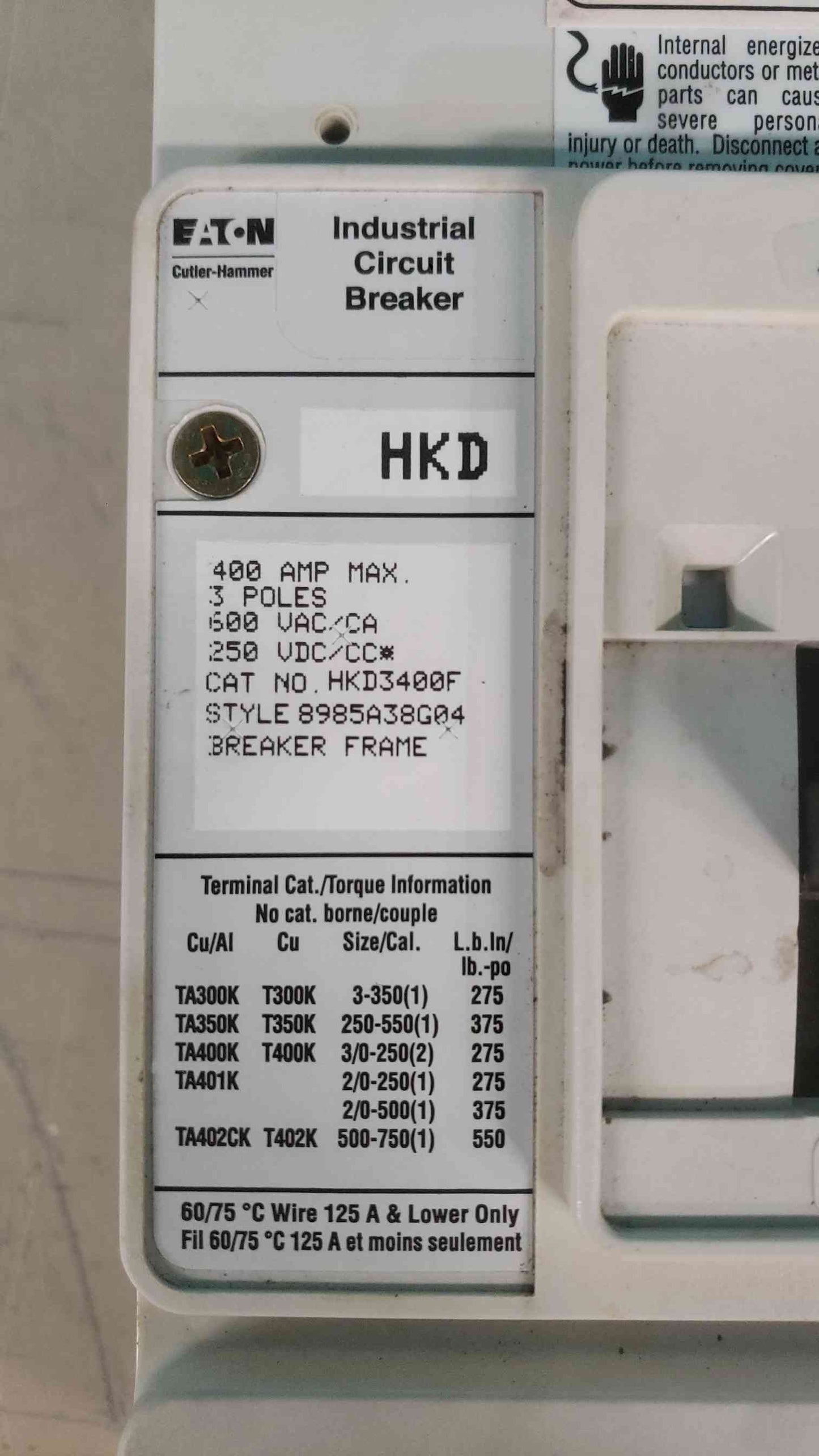 Eaton Cutler Hammer HKD3400F 3 Pole 400A Frame KT3350T 350A Trip Breaker HKD 65k (SKU: 113389)