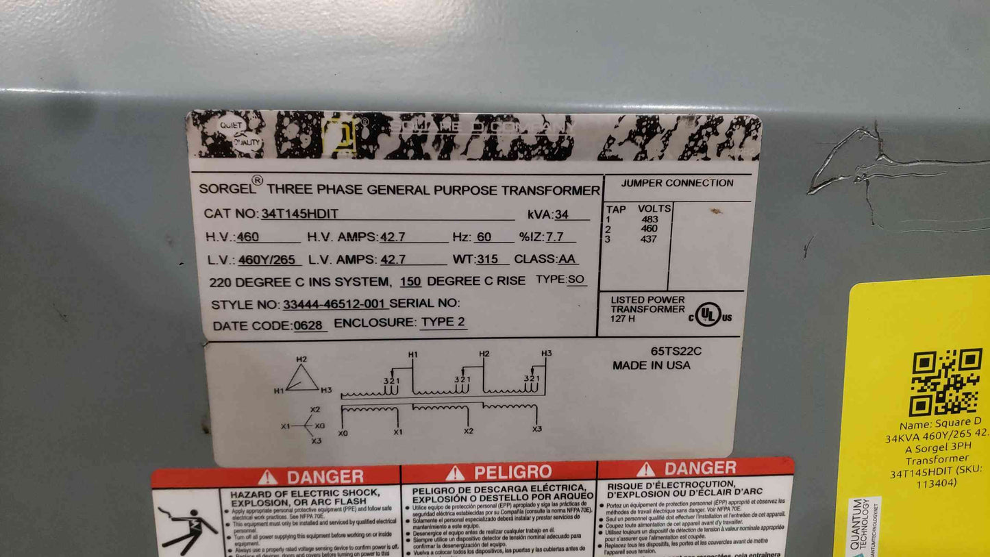 Square D 34T145HDIT 34 kVA 3 Phase Drive Isolation Transformer 460V 460Y/265V