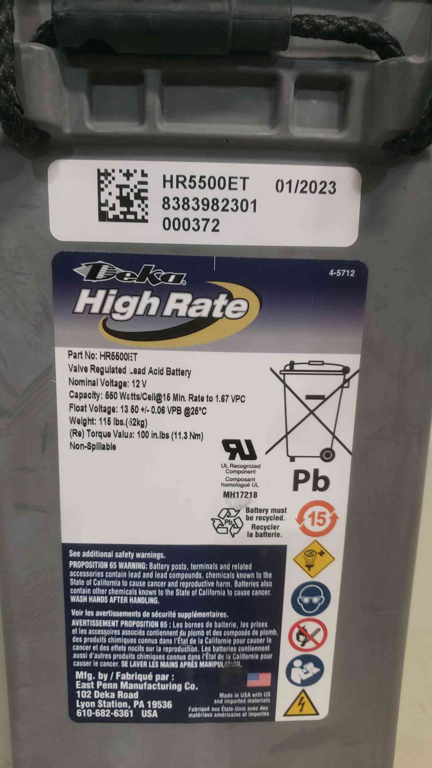 Deka 170AH 2023 12V High Rate Valve Regulated Lead Acid Battery HR5500ET Solar Audio UPS (SKU: 113398)