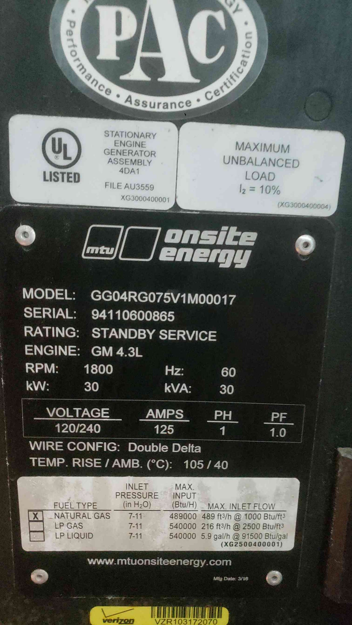 30KW MTU Onsite GG04RG075V1M00017 120/240V 125A 1&3PH Nat Gas TESTED (SKU: 113474)