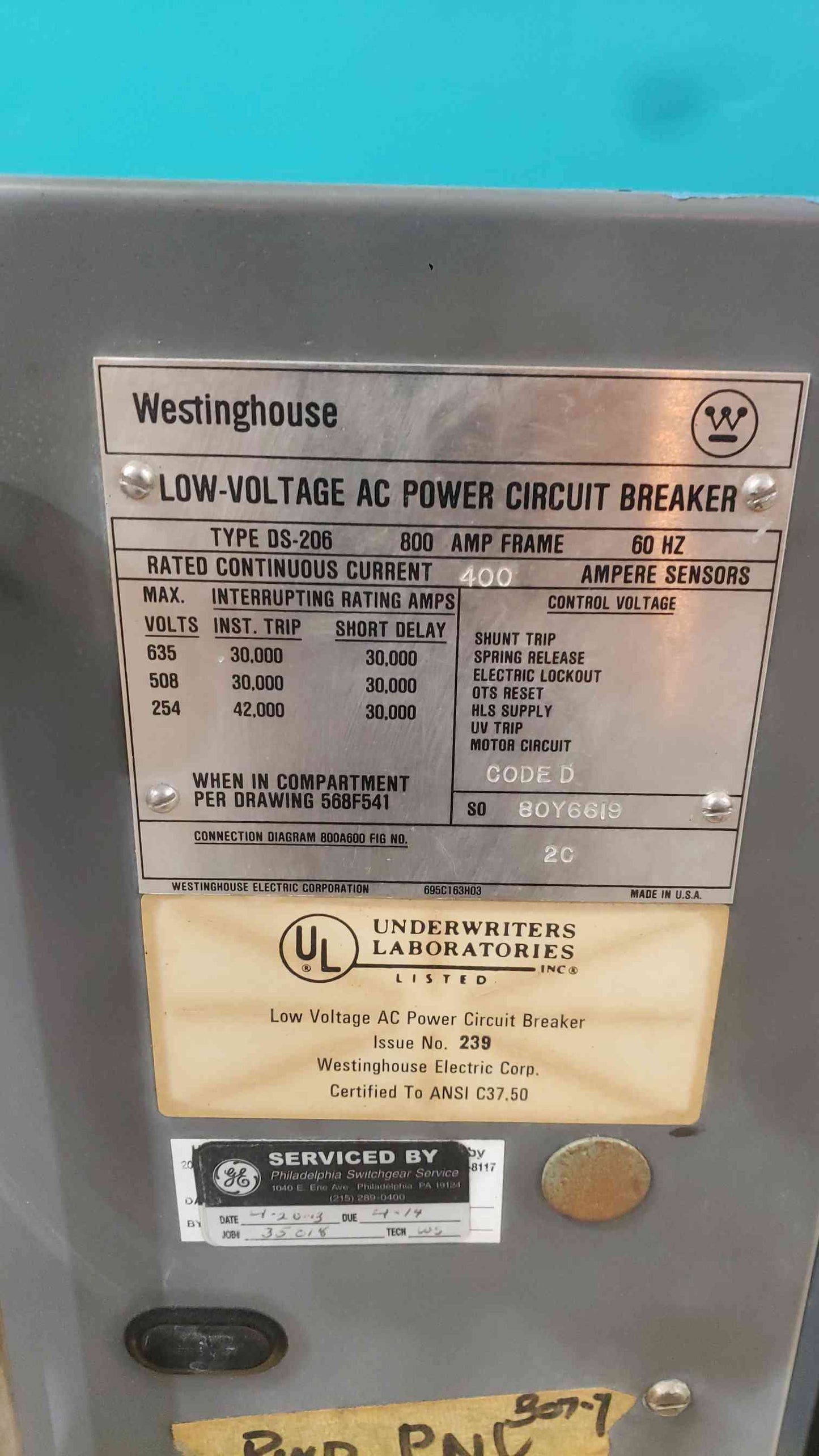 Westinghouse DS-206 Air Circuit Breaker 800A Frame 400A Amptector LIG Drawout MO (SKU: 113556)