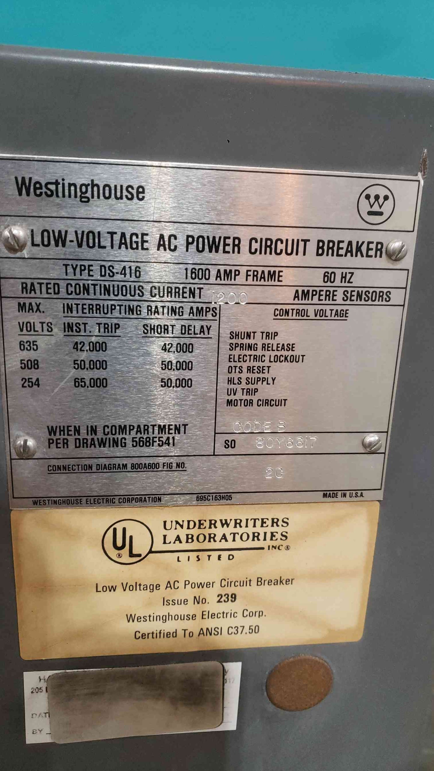 Westinghouse DS-416 Air Circuit Breaker 1600A Frame 1200A Amptector LIG Drawout (SKU: 113558)