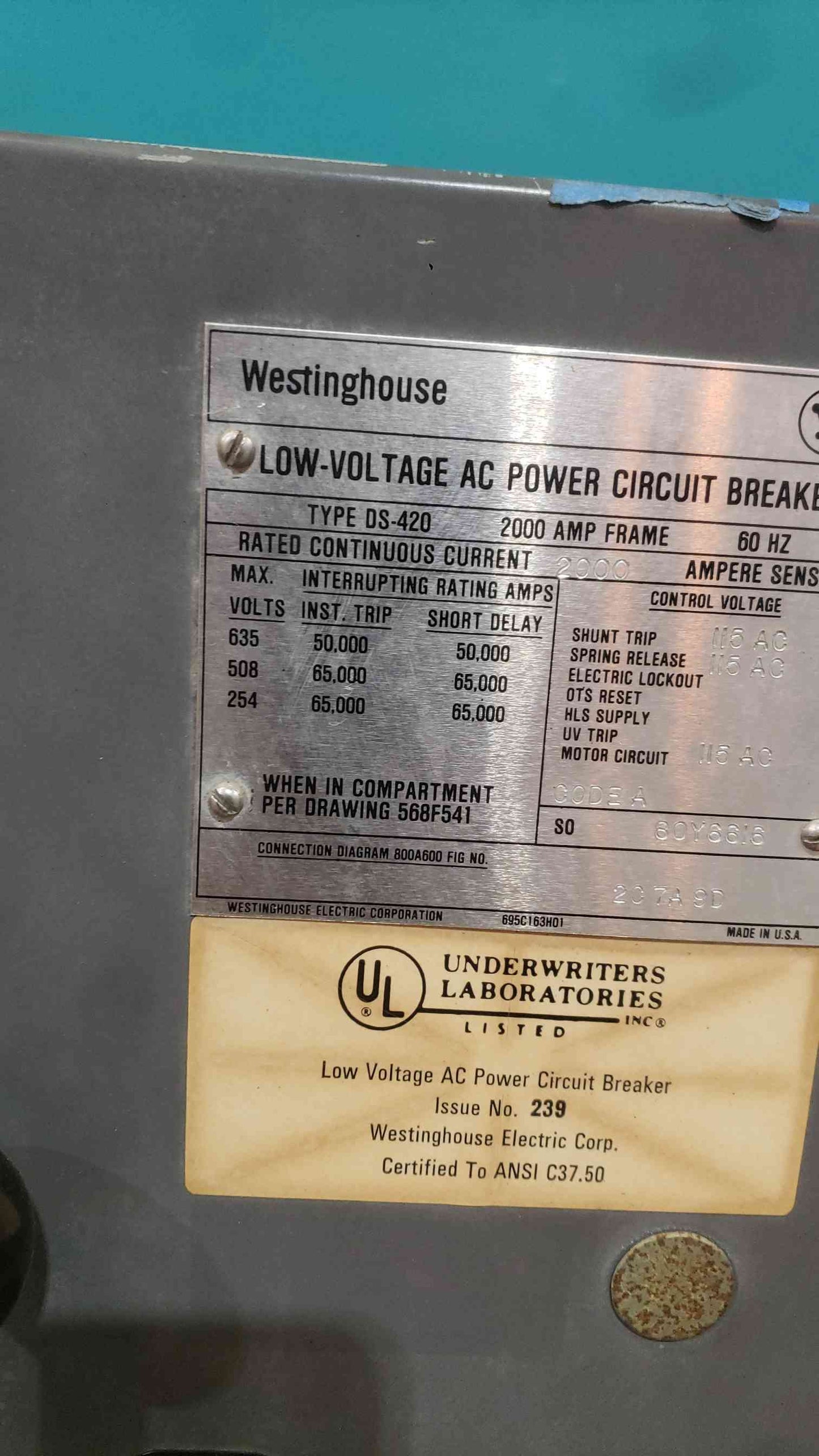 Westinghouse DS-420 Air Circuit Breaker 2000A Frame Amptector LSG 2000 Amp DO MO (SKU: 113557)