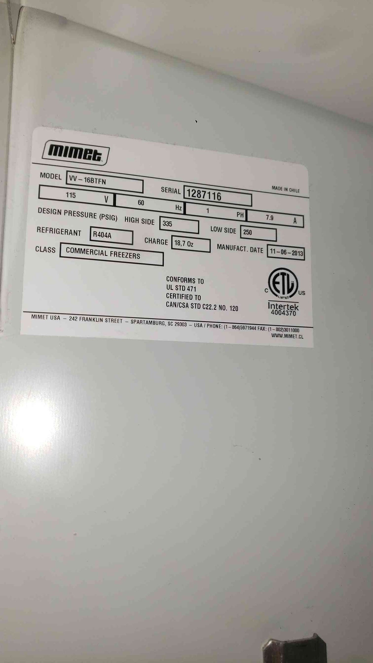 Mimet VV-168TFN Commercial Glass Door Display Freezer 115V 7.9A (SKU: 113209)