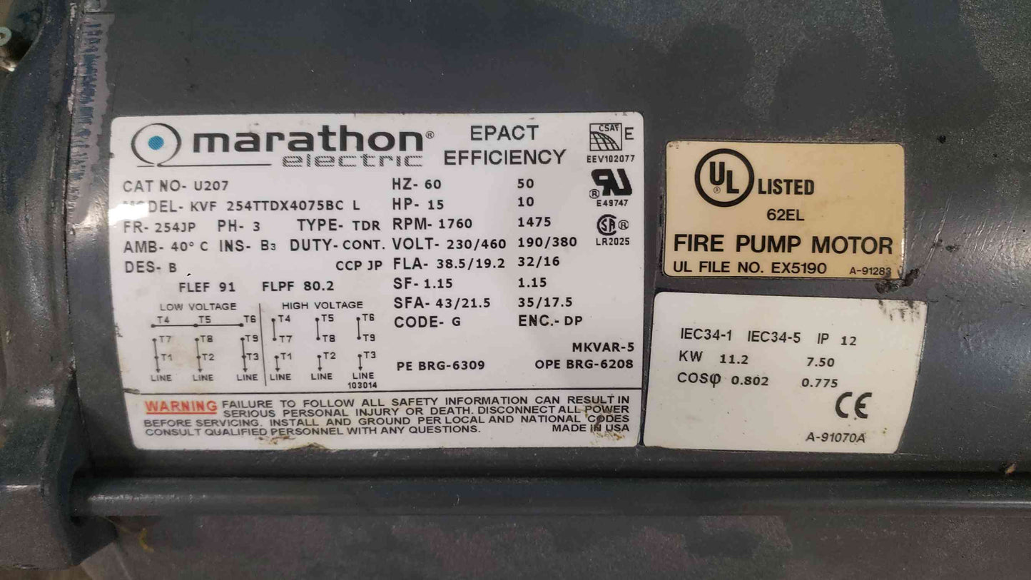 Marathon U207 15 HP 3 Phase UL Fire Pump Motor Centrifugal Water Pump 254JP 460V (SKU: 113602)