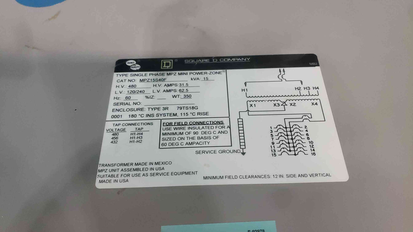 Square D MPZ15S40F Mini Power-Zone 15 kVA Transformer 480V to 120/240V NEMA 3R (SKU: 113617)
