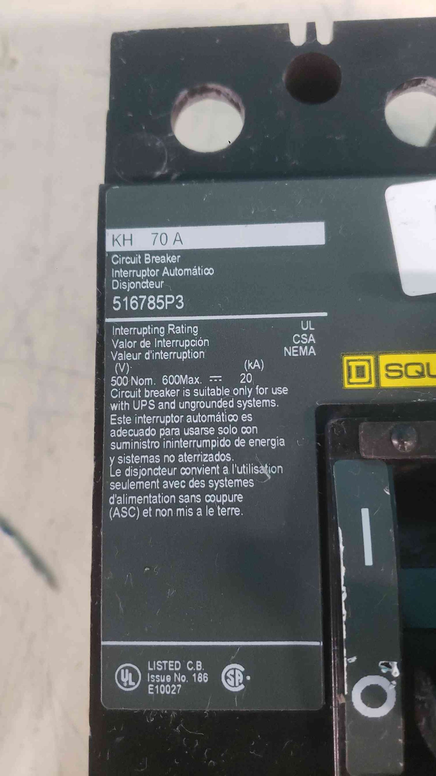 Square D KAL36070 K-Frame Circuit Breaker 70A 3 Pole 600V 500VDC MCCB 516785P3 (SKU: 113645)