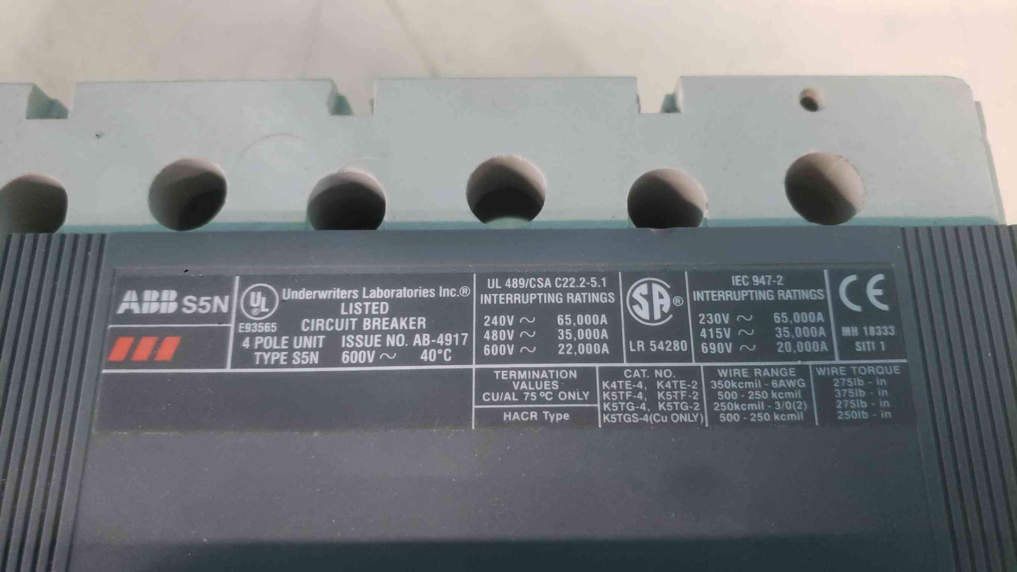 ABB SACE S5N 400A Circuit Breaker 4 Pole 600V PR211 Electronic Trip Unit MCCB (SKU: 113647)