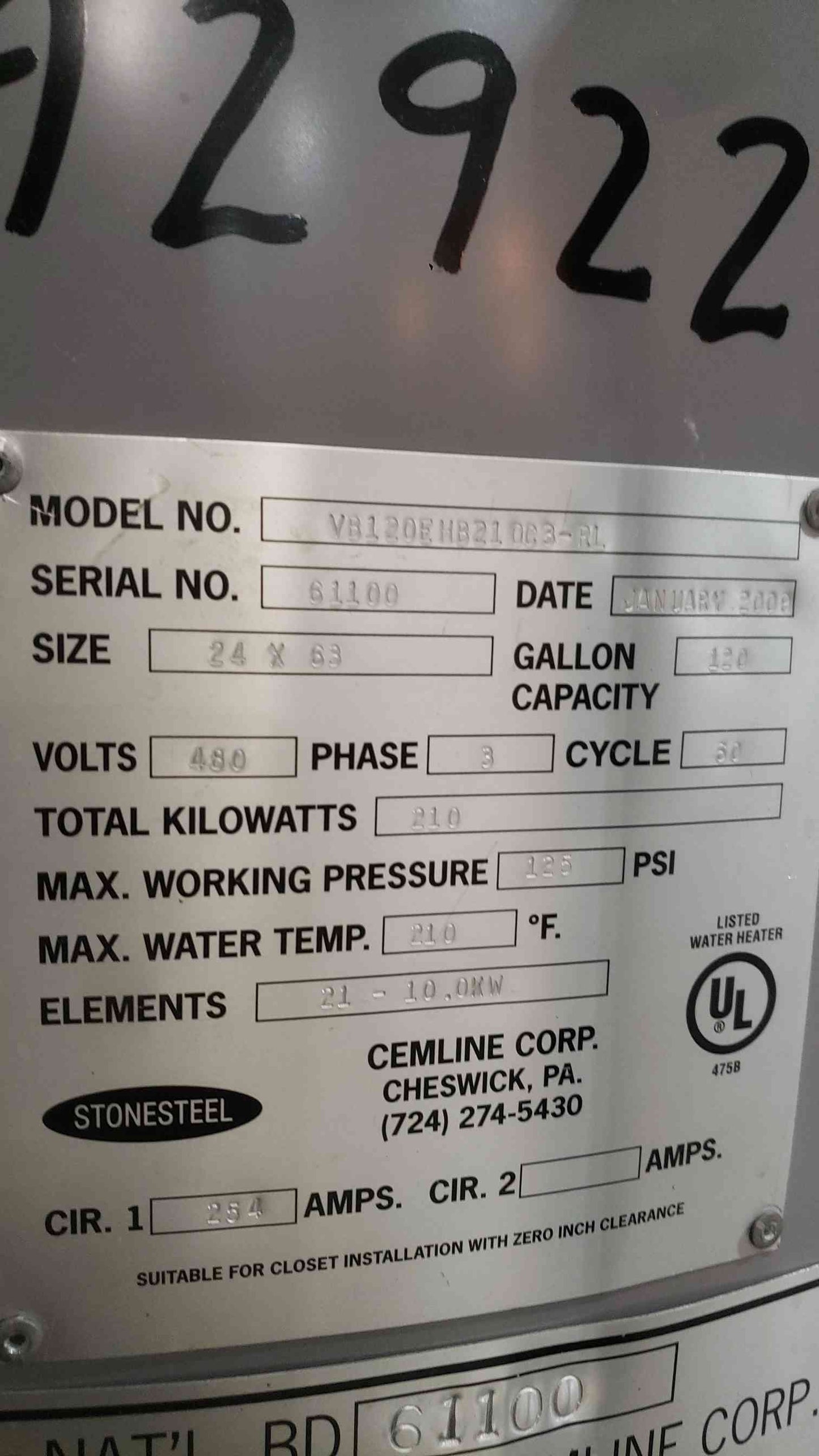Cemline Stonesteel V500EH150C3-RL 500 Gallon Commercial Electric Water Heater 480V 3-Phase 150kW ASME (SKU: 113287)